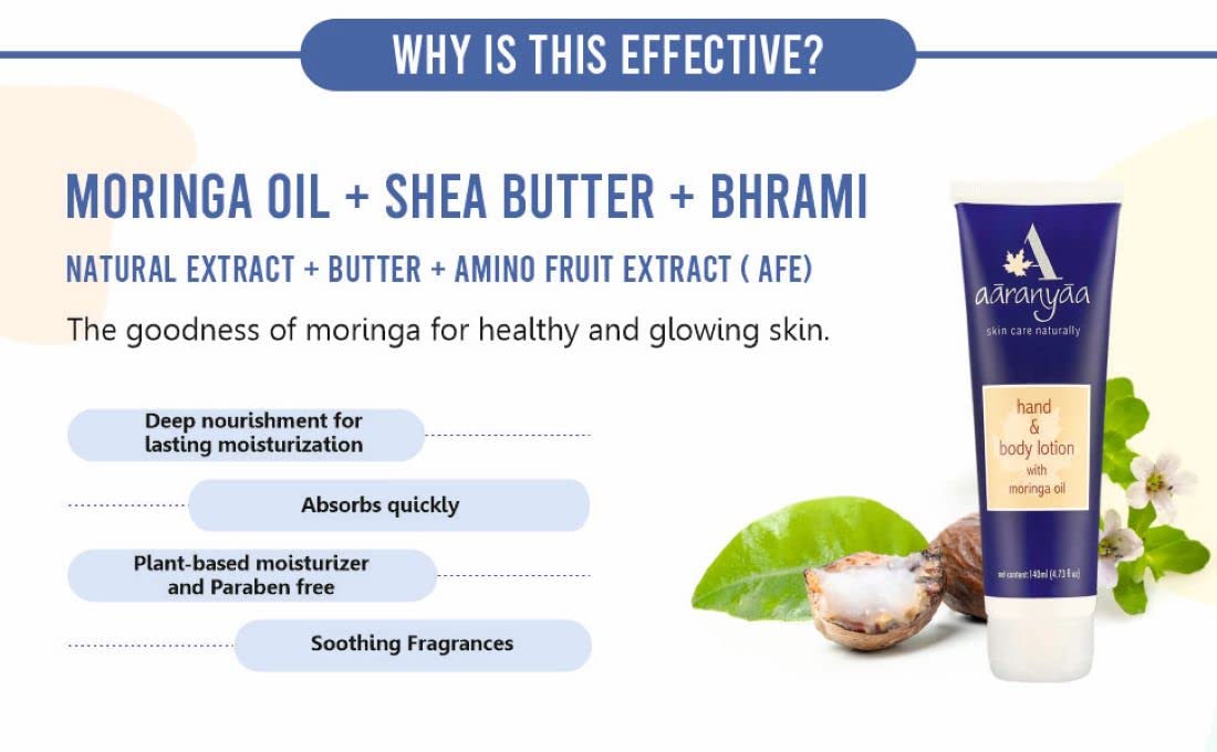 Aaranyaa Hand & Body Lotion 140ml - Deep Moisturizing Dry Skin Treatment with Plant-Based Moringa Oil, Ashwagandha & Brahmi Extracts - Paraben Free - Perfect for Daily Hydration & Nourishment at Home or Travel