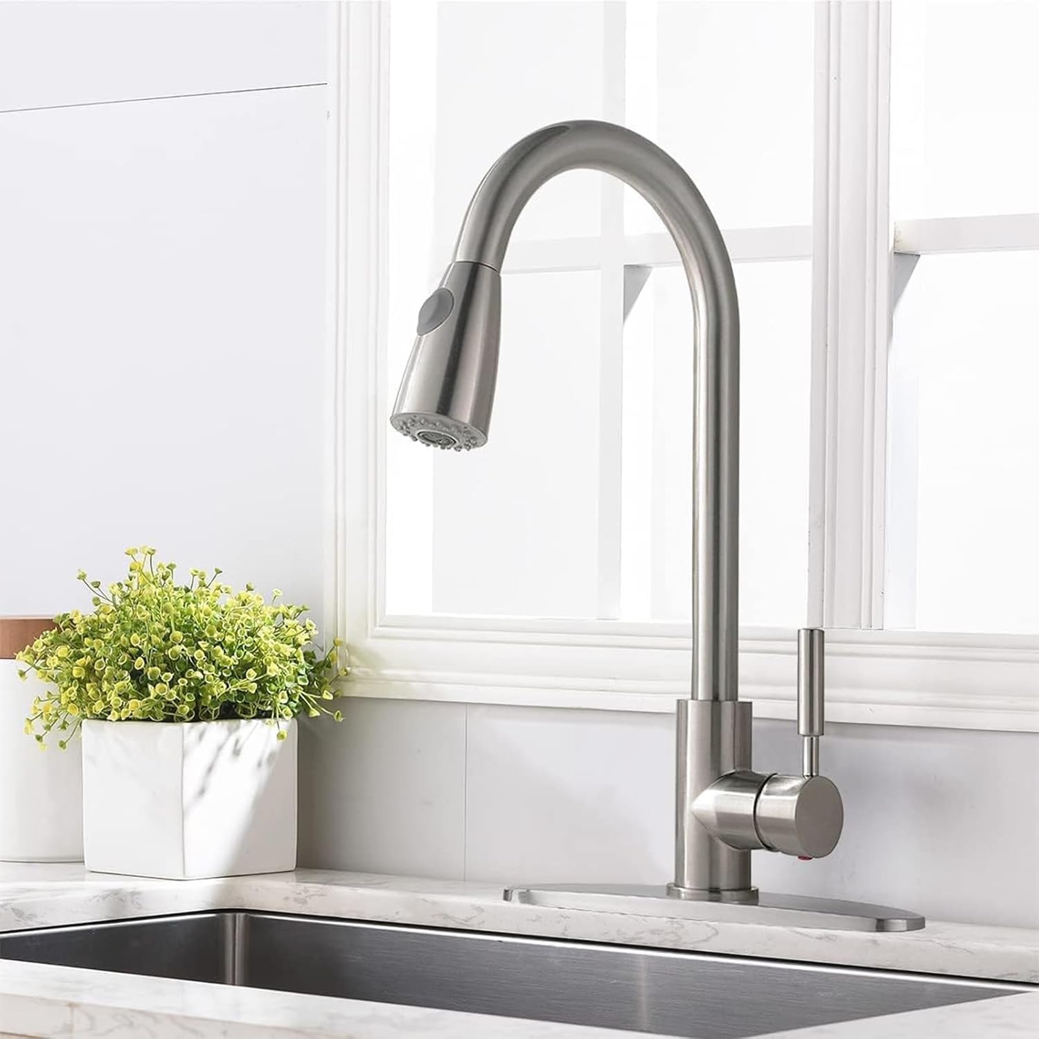 Comllen Brushed Nickel Stainless Steel Pull Down Sprayer Kitchen Faucet - High Arc Single Lever Commercial Sink Faucet for Farmhouse, RV, Bar & Laundry | Perfect for Modern Kitchens, Outdoor Bars & Mobile Homes