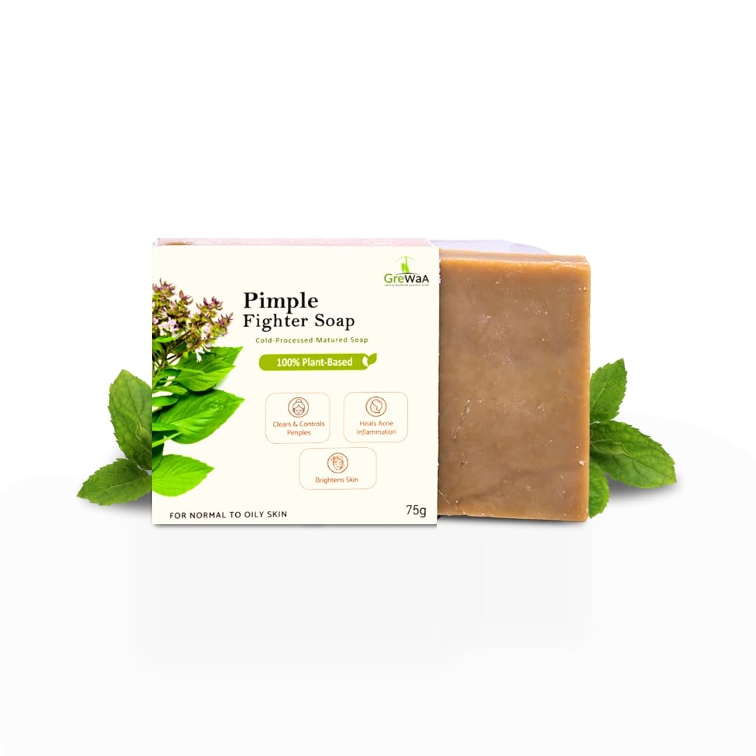 Grewaa Pimple Fighter Soap - 100% Natural Acne Treatment for Face & Body with Basil, Neem & Tea Tree Oil | Clears Oily Skin, Reduces Back Acne & Bumps on Buttocks & Arms | Gentle Daily Cleanser for Teens & Adults (75g) | Perfect for Shower, Gym & Post-Workout Skincare Routine