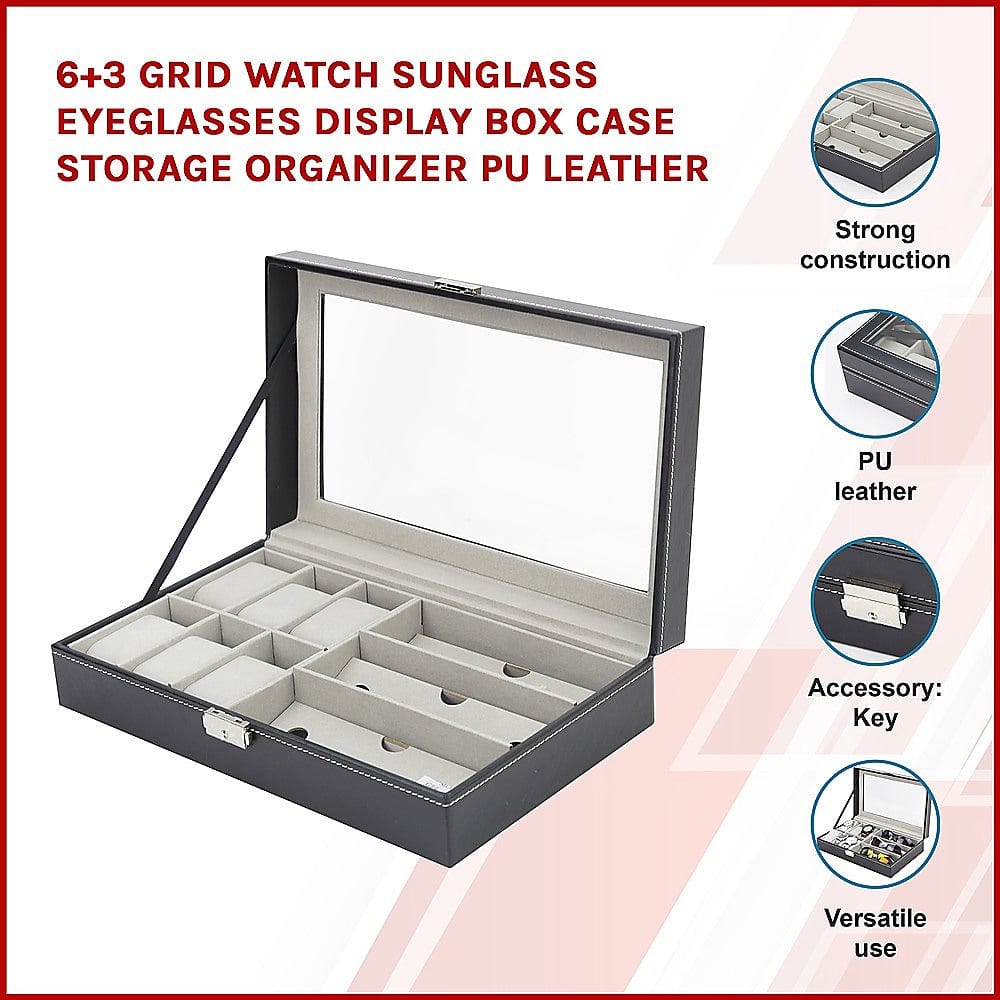 6+3 Grid PU Leather Watch & Sunglass Display Case - Eyeglasses Storage Organizer for Retail Stores, Jewelry Shops and Home Use