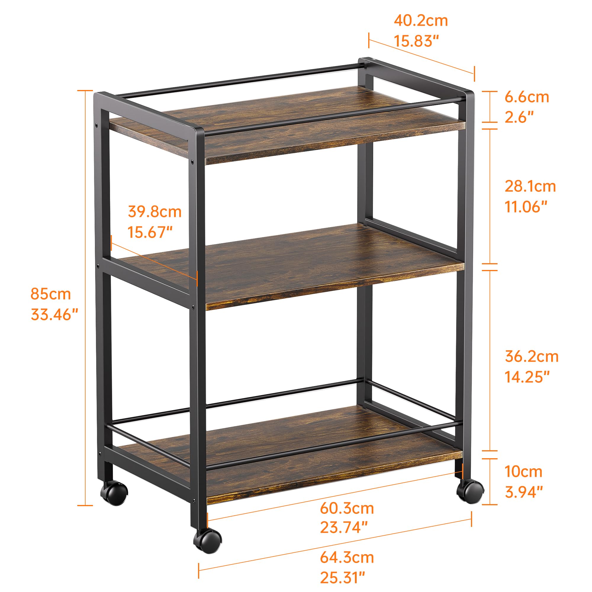 3-Tier Rolling Bar Cart with Wheels & Storage Shelves - Rustic Brown & Black Home Bar Serving Cart for Kitchen, Dining & Living Room | Perfect for Entertaining, Cocktail Parties & Beverage Storage