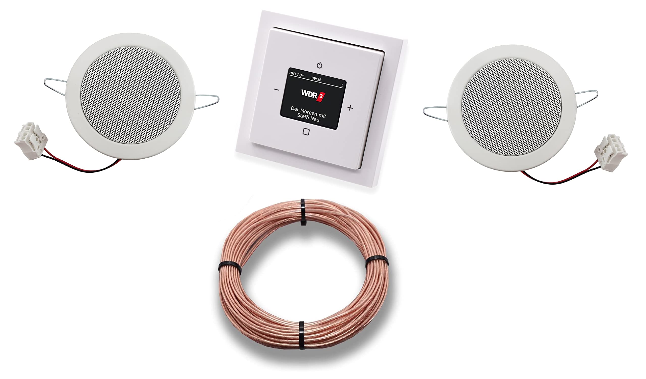 Busch Jäger DAB+ Flush-Mounted Radio 8215U-101 Studio White Complete Set with Future Linear & 2 Ceiling Speakers - Built-in Speakers & 20m Speaker Cable 2x0.75mm² | Modern Home Audio System for Kitchen, Bathroom & Living Room