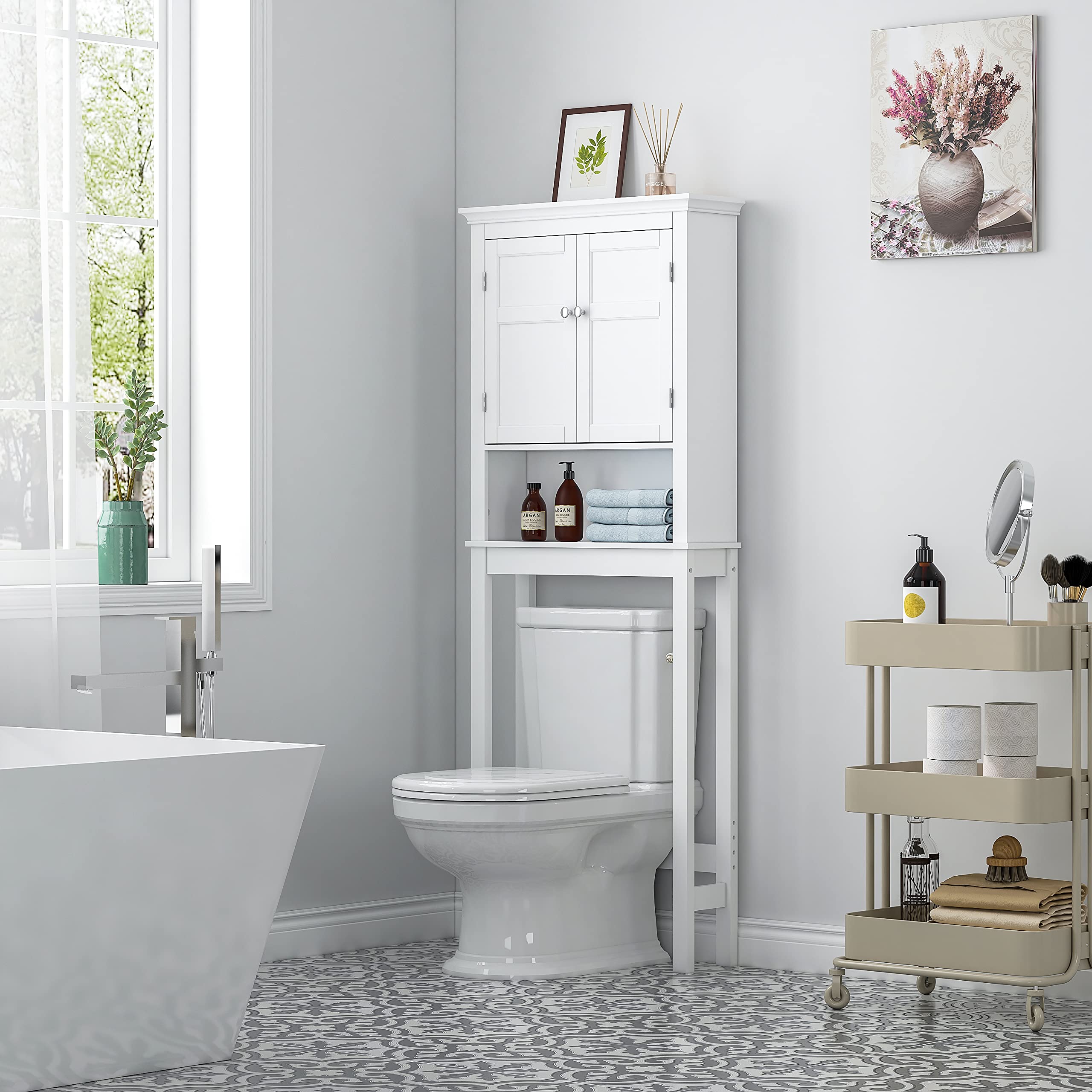 UTEX Over The Toilet Storage Cabinet - Adjustable Shelf Bathroom Organizer with 3-Tier Shelves, White Space Saver for Small Bathrooms | Perfect for Towel, Toilet Paper & Cosmetic Storage