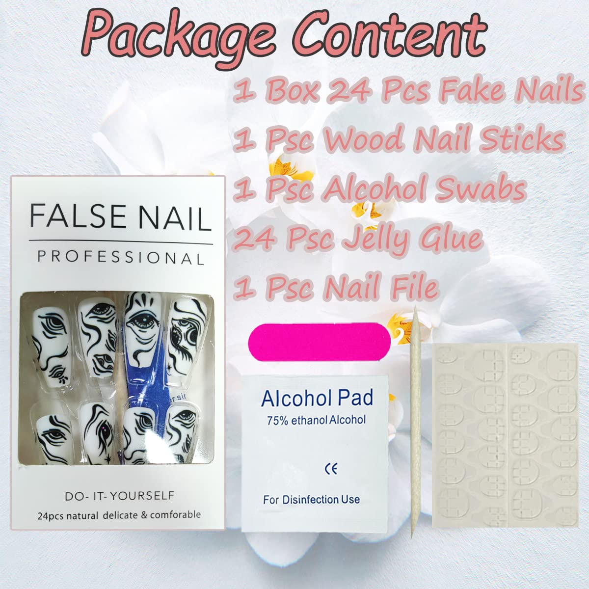 24 Pcs Coffin Press on Nails - Medium Length Gothic Eye False Nails with Horror Designs, White Glue on Fake Nails, Reusable Acrylic Artificial Nails for Women & Girls - Perfect for Halloween, Cosplay, and Gothic Fashion