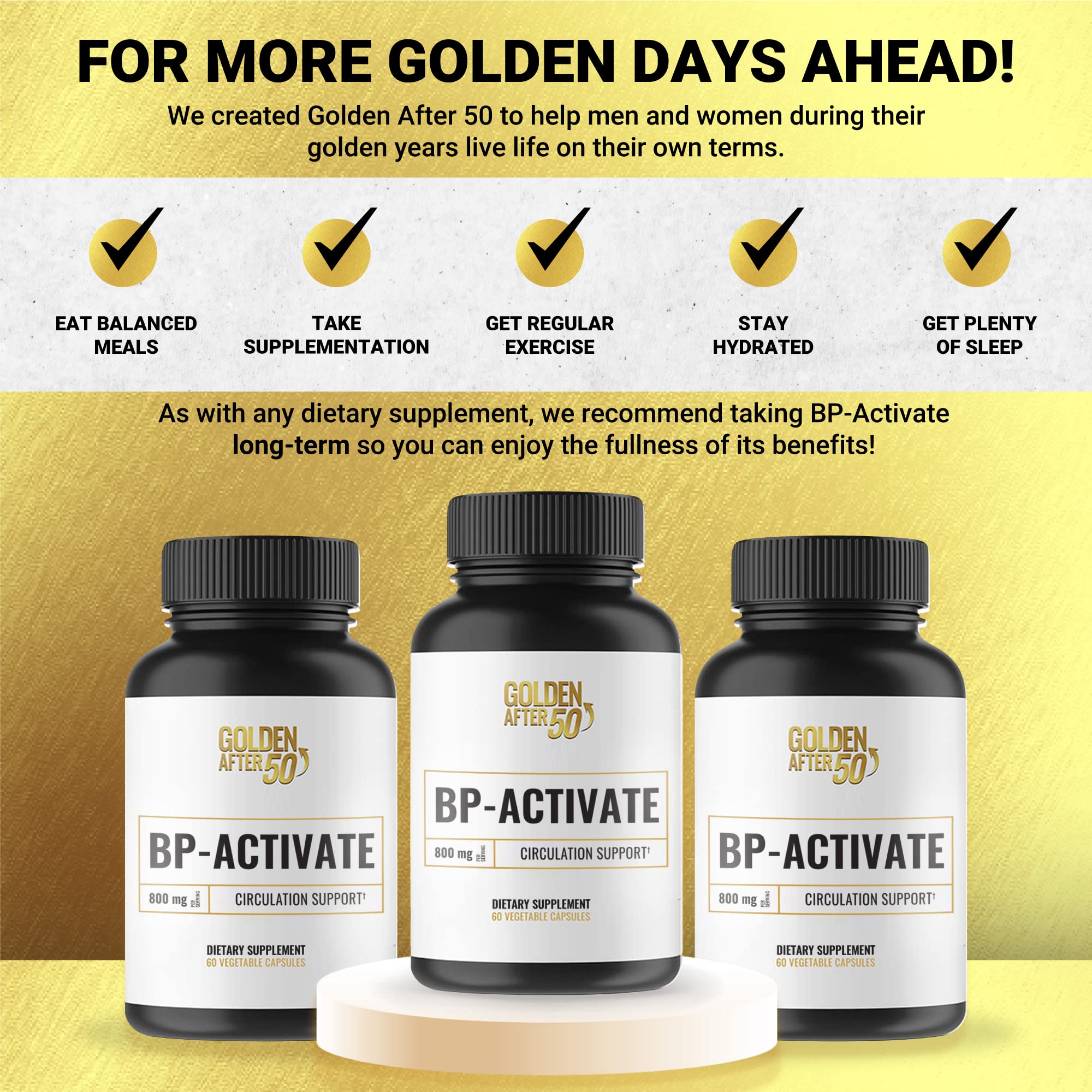 Golden After 50 BP-Activate - Nitric Oxide Booster Supplement with L-Arginine, AAKG & L-Citrulline (800mg) - Supports Heart Health, Blood Circulation & Energy - Essential Amino Acids Formula - 3 Bottles (90-Day Supply) - Ideal for Athletes, Seniors & Active Lifestyles