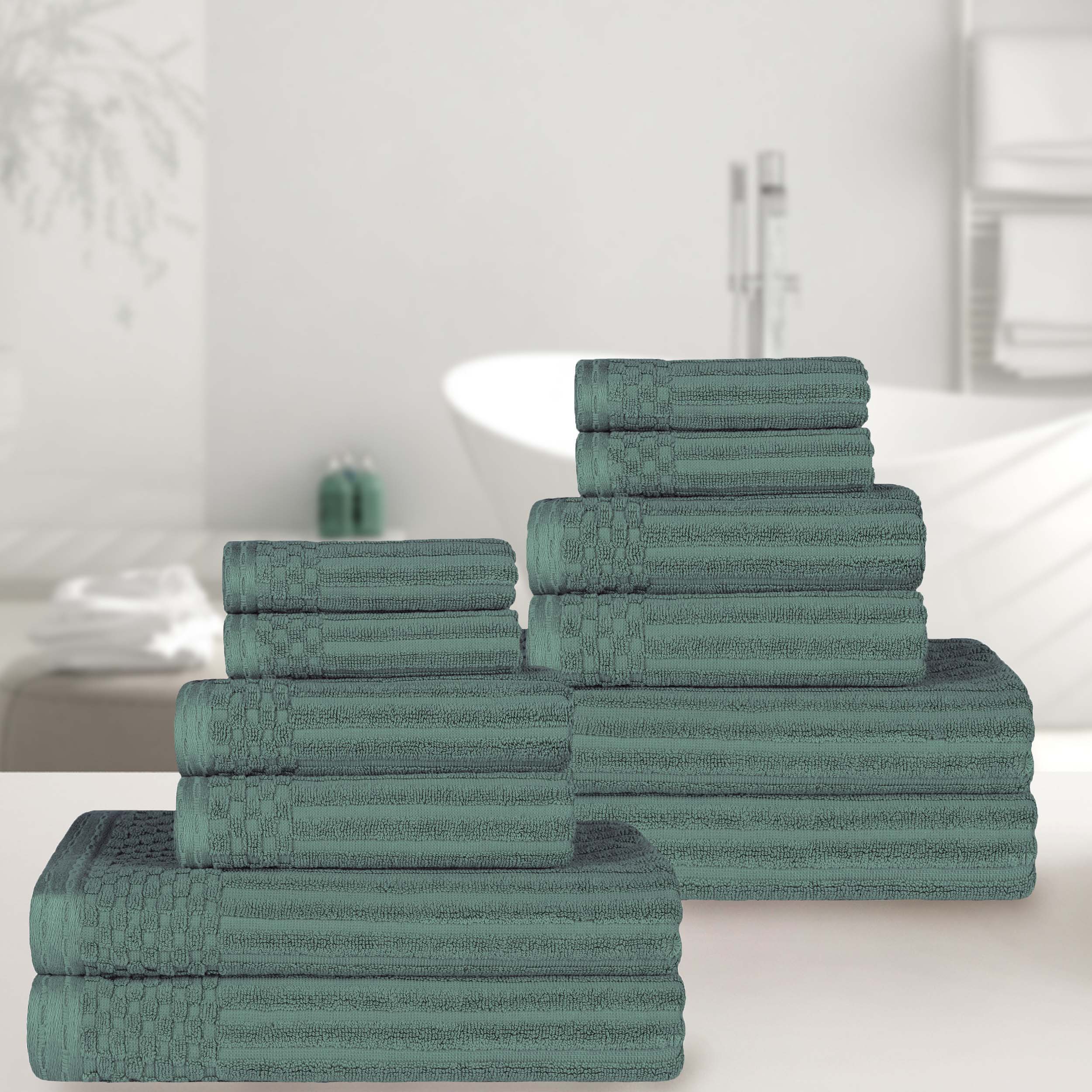 Premium 12-Piece Ribbed Textured Cotton Towel Set - Medium Weight Bath & Hand Towels for Spa, Guest Bathroom & Luxury Home Decor