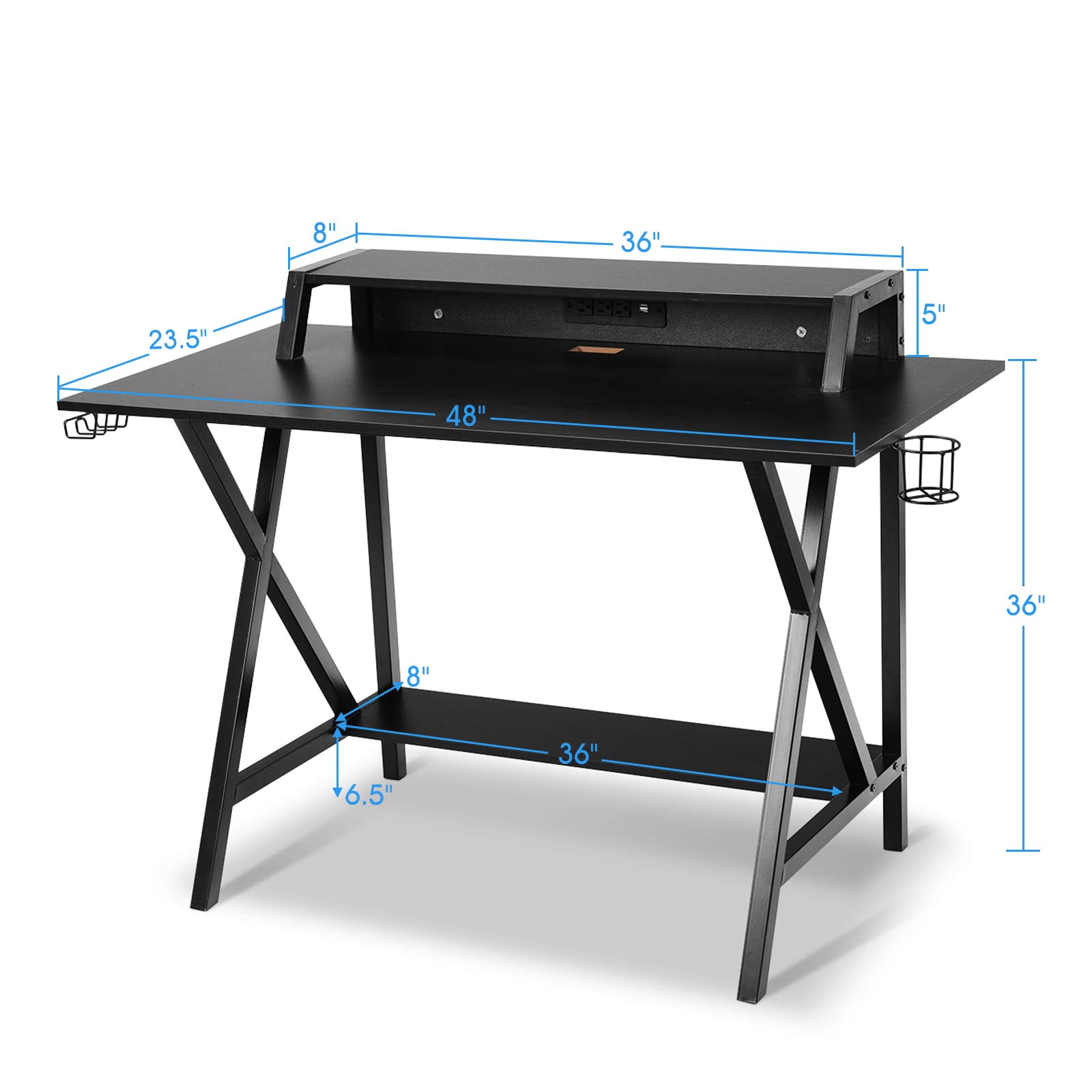 48-inch WATERJOY Gaming Desk - Ergonomic E-Sports Workstation with Headset Hook, Cup Holder & Built-in Power Strip | Perfect for PC Gaming, Streaming & Home Office Setup (Black)