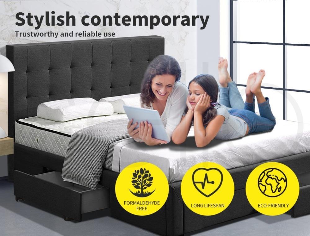 Queen Size Bed Frame with Storage Drawers - Wooden Platform Bed Base with Fabric Upholstered Headboard, Dark Grey - Perfect for Small Bedrooms & Guest Rooms with Extra Storage Needs
