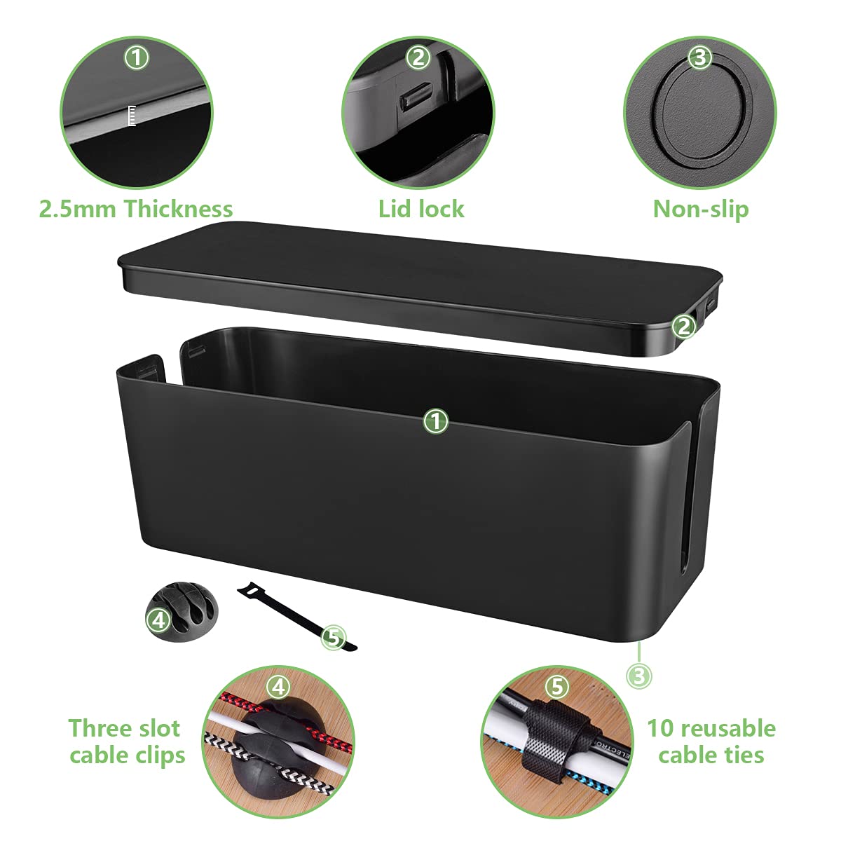 Large Cable Management Box - Cord Organizer to Hide Power Strips & Wires Under Desk/TV/Computer - Includes Cable Clips & Reusable Ties - Perfect for Home & Office Organization (Black) - Ideal for Living Room, Bedroom, Gaming Setup and Workspace Cable Management