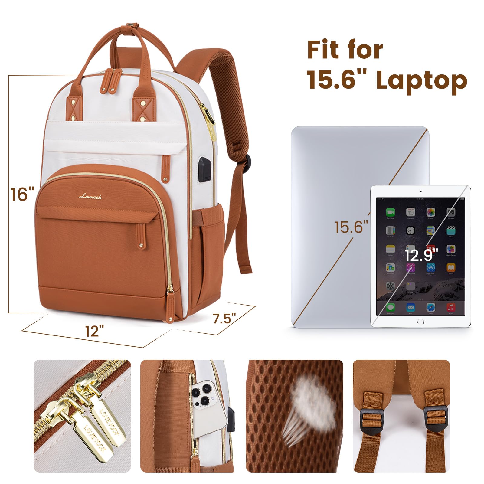 LOVEVOOK 15.6 Inch Anti-Theft Laptop Backpack for Women - Waterproof Professional Business Travel Backpack Purse, College Teacher Work Bag, Stylish Daypack (Beige/Brown) - Perfect for Office Commute, School, Business Trips & Daily Use