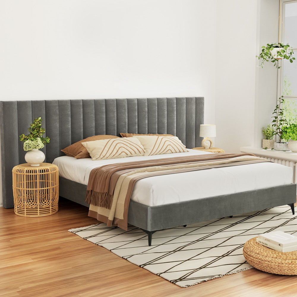 Burnett King Bed Frame with Oversized Headboard - Luxe Velvet Upholstery in Elegant Gray | Perfect for Master Bedroom, Guest Room & Modern Home Decor