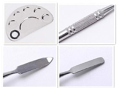 Professional Stainless Steel 5 Dip Makeup Mixing Plate with Spatula - Customizable Cosmetic Palette for Foundation, Lipstick & Eyeshadow Blending - Perfect for Makeup Artists & Beauty Enthusiasts at Home or Salon