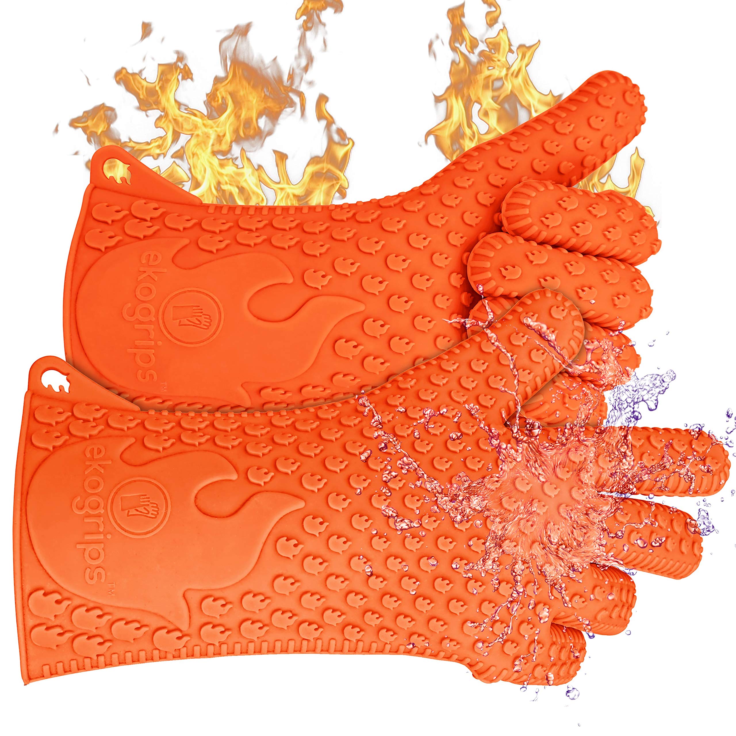 Ekogrips Premium Heat-Resistant BBQ Gloves for Grilling, Cooking & Meat Handling - Oven & Fireplace Safety Gloves - Campfire & Dishwashing Mitts - Orange Large/XL for Outdoor & Kitchen Use