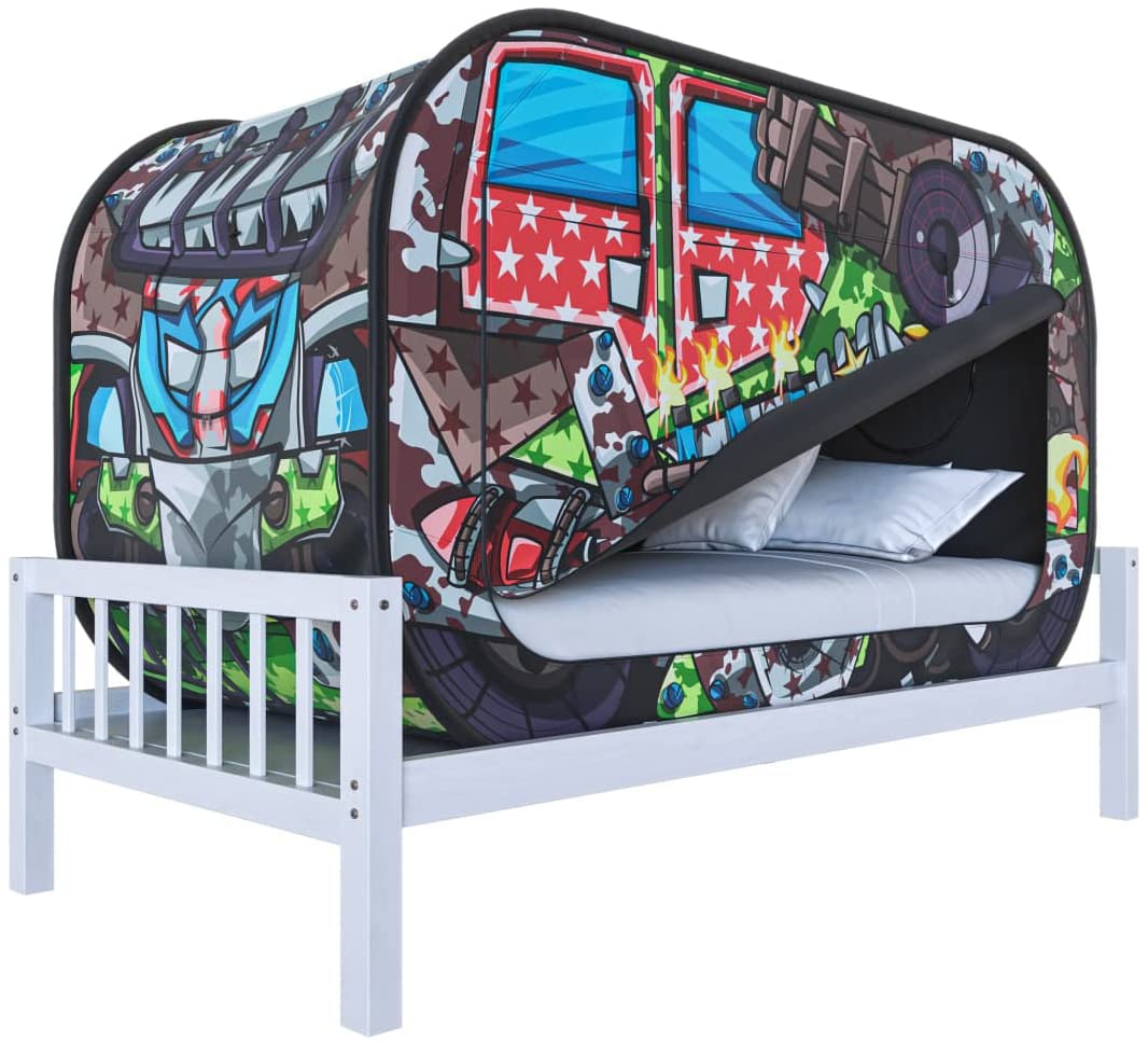 Skywin Kids Bed Tent for Twin Bed - Breathable Light Reducing Pongee Canopy with Pop-Up Privacy Design | Collapsible & Portable Bed Tent for Boys & Girls | Perfect for Sleepovers, Camping & Cozy Nights (Tank, Twin)