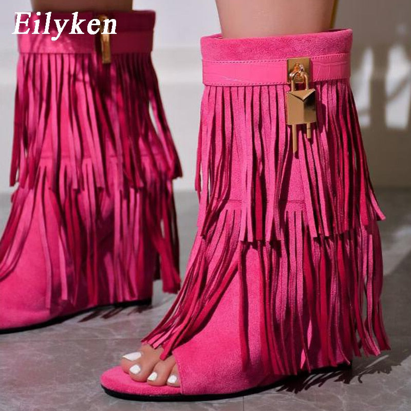 Eilyken Women's Sexy High Heel Sandals - Open Toe Fringe Wedge Booties with Zipper for Party, Prom & Evening Wear | Comfortable Designer Pumps for Night Out & Special Occasions