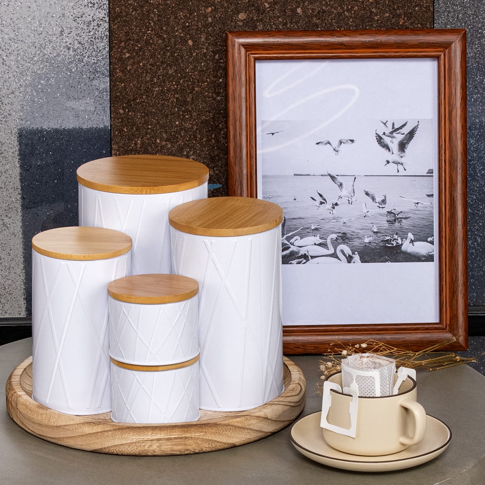 6-Piece White Kitchen Canister Set for Flour, Sugar, Coffee & Tea Storage - Modern Farmhouse Countertop Decor for Baking, Cooking & Organizing