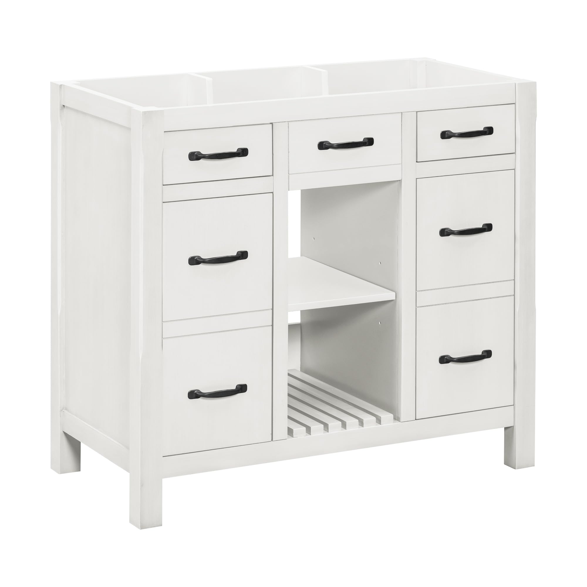 36 Inch White Modern Bathroom Vanity Without Sink - Solid Wood Storage Cabinet with 2 Drawers, 1 Open Shelf & 2 Small Cabinets - Perfect for Bathroom Organization and Small Space Storage Solutions