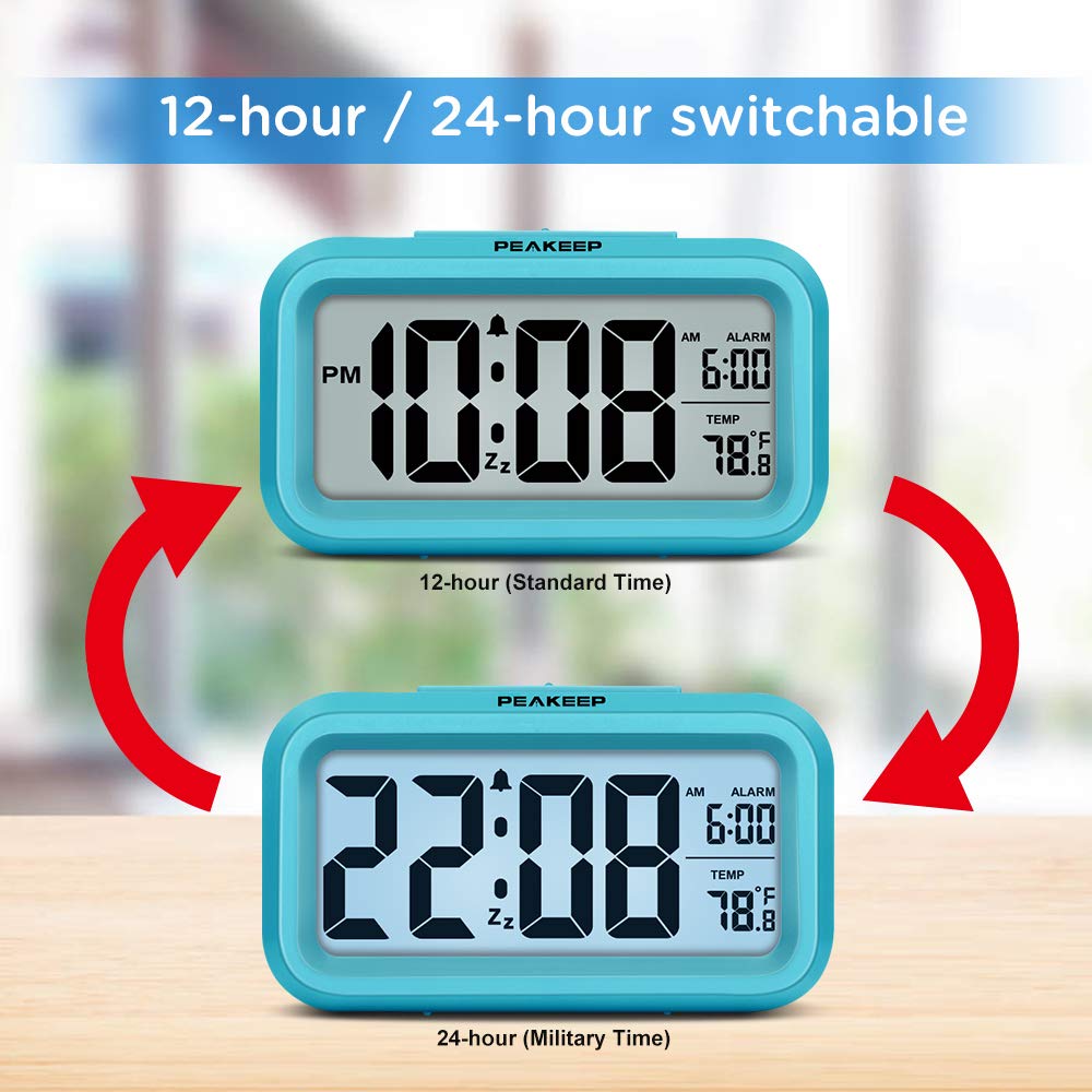 Peakeep Battery Operated Digital Alarm Clock with Night Light & Indoor Temperature Display - Small Desk Clock for Bedroom, Kids Room, Office (Blue) - Perfect for Nighttime Use, Travel & Home Decor