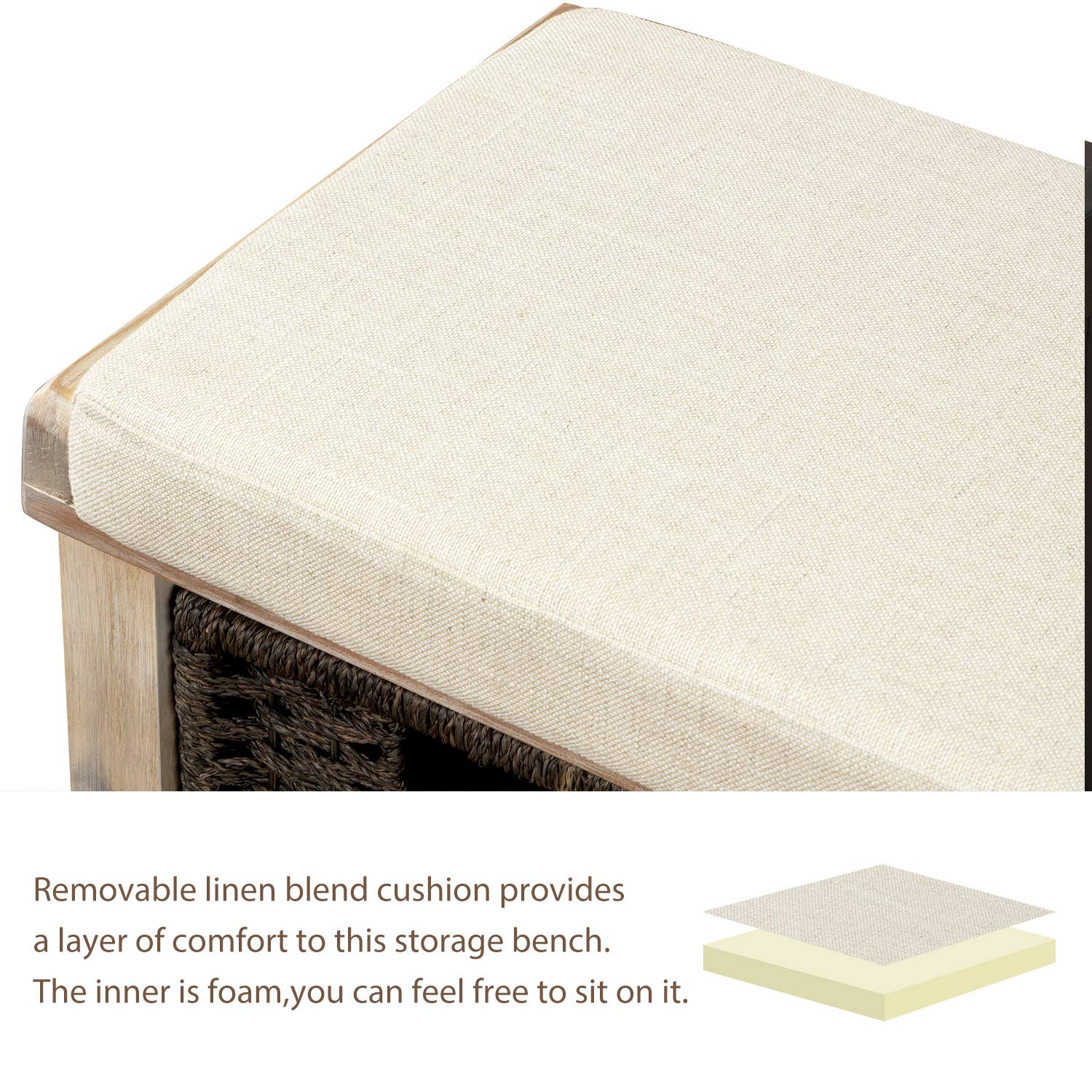 Wicker Storage Bench with 3 Woven Baskets & Removable Cushion - White Washed Wood Entryway Shoe Bench for Hallway, Bedroom & Living Room - Perfect for Organizing Shoes, Blankets & Home Decor