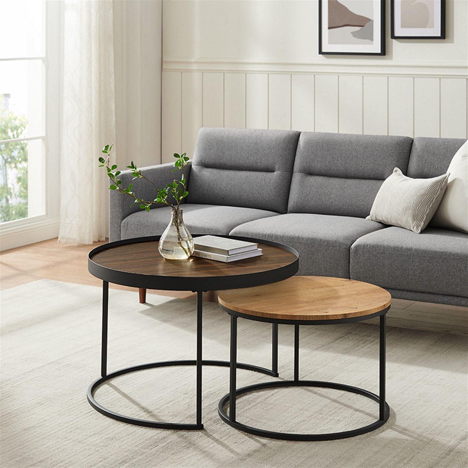 Modern Nested Coffee Table Set - Dark Walnut & English Oak Finish - Contemporary Living Room Furniture for Small Spaces - Perfect for Apartments, Condos and Cozy Homes
