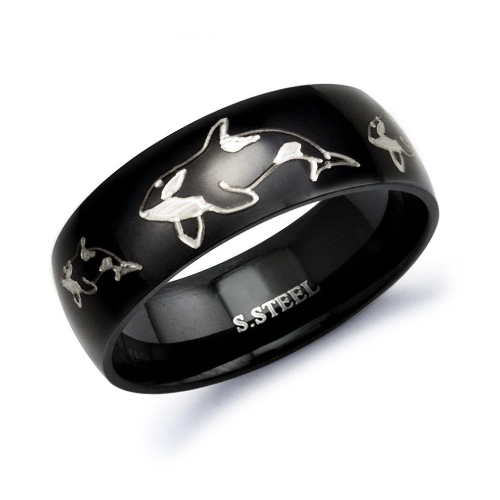 Kriskate & Co. Black Stainless Steel Orca Whale Ring - Wedding Band, Engagement Ring for Men & Women - Sizes 5-14 - Perfect for Ocean Lovers, Beach Weddings & Nature-Inspired Jewelry Gifts