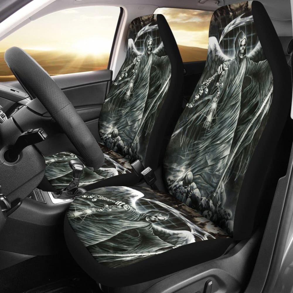 2 Pcs Grim Reaper Car Seat Covers - Halloween Horror Decor for Vehicles - Perfect for Themed Parties, Haunted Houses & Horror Fans