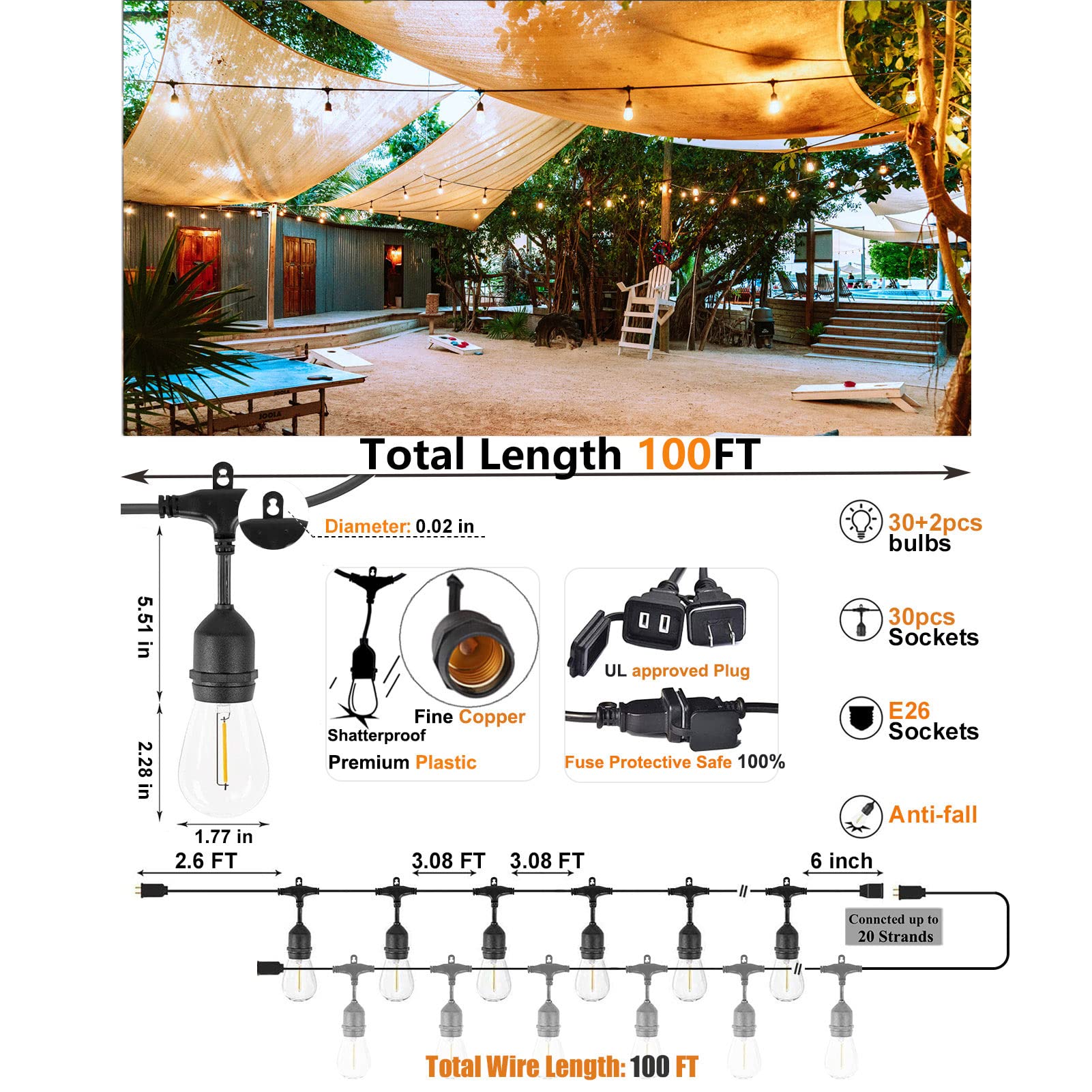 100FT Outdoor Waterproof IP65 LED String Lights - Shatterproof 2200K Warm White Connectable Patio Lights for Backyard, Garden, Deck & Party Decor