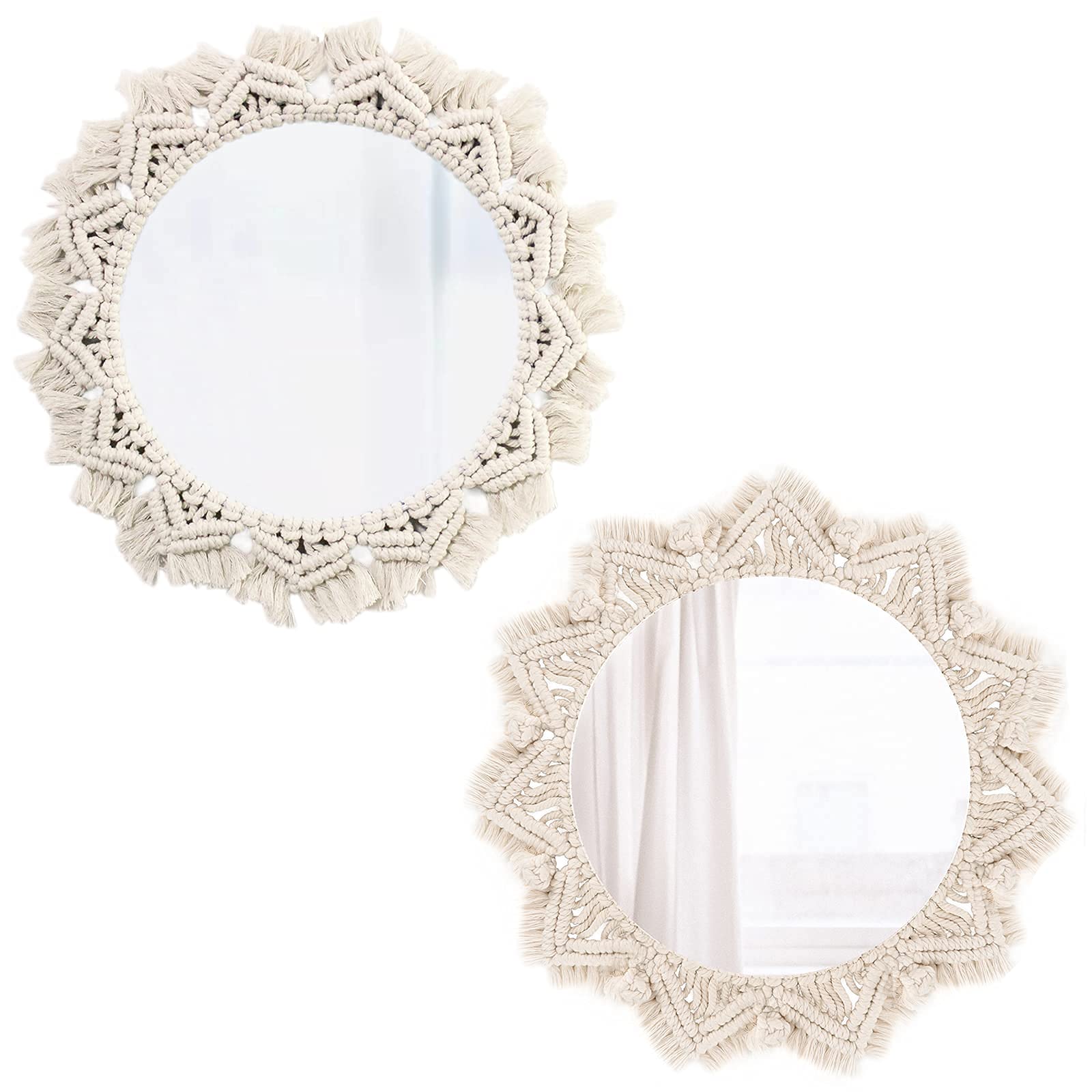 Boho Round Hanging Wall Mirror with Macrame Fringe - Handmade Decorative Mirror for Living Room, Bedroom & Nursery - Perfect for Home Decor, Apartment Style & Boho Chic Interiors (Style C&E)