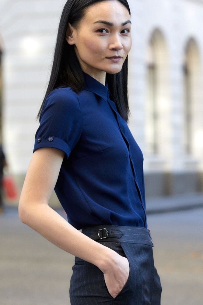 Eva Short Sleeve Blouse - Navy Blue Silk Stretch Women's Top for Work, Office & Casual Wear | Comfortable & Elegant Ladies Shirt