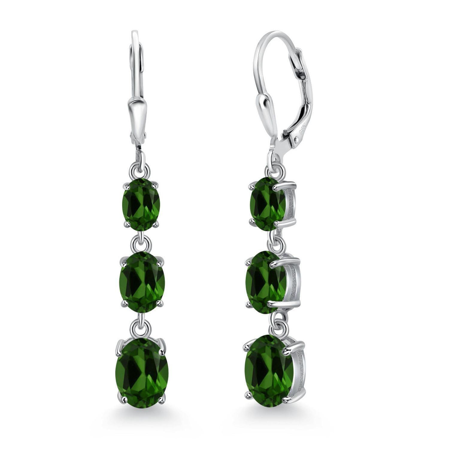 Gem Stone King 3-Stone Leverback Drop Dangle Earrings for Women - 925 Sterling Silver Birthstone Jewelry | Oval 8x6mm, 7x5mm & 6x4mm Gemstones | Elegant Gift for Mom, Wife, Her | Perfect for Weddings, Anniversaries & Special Occasions