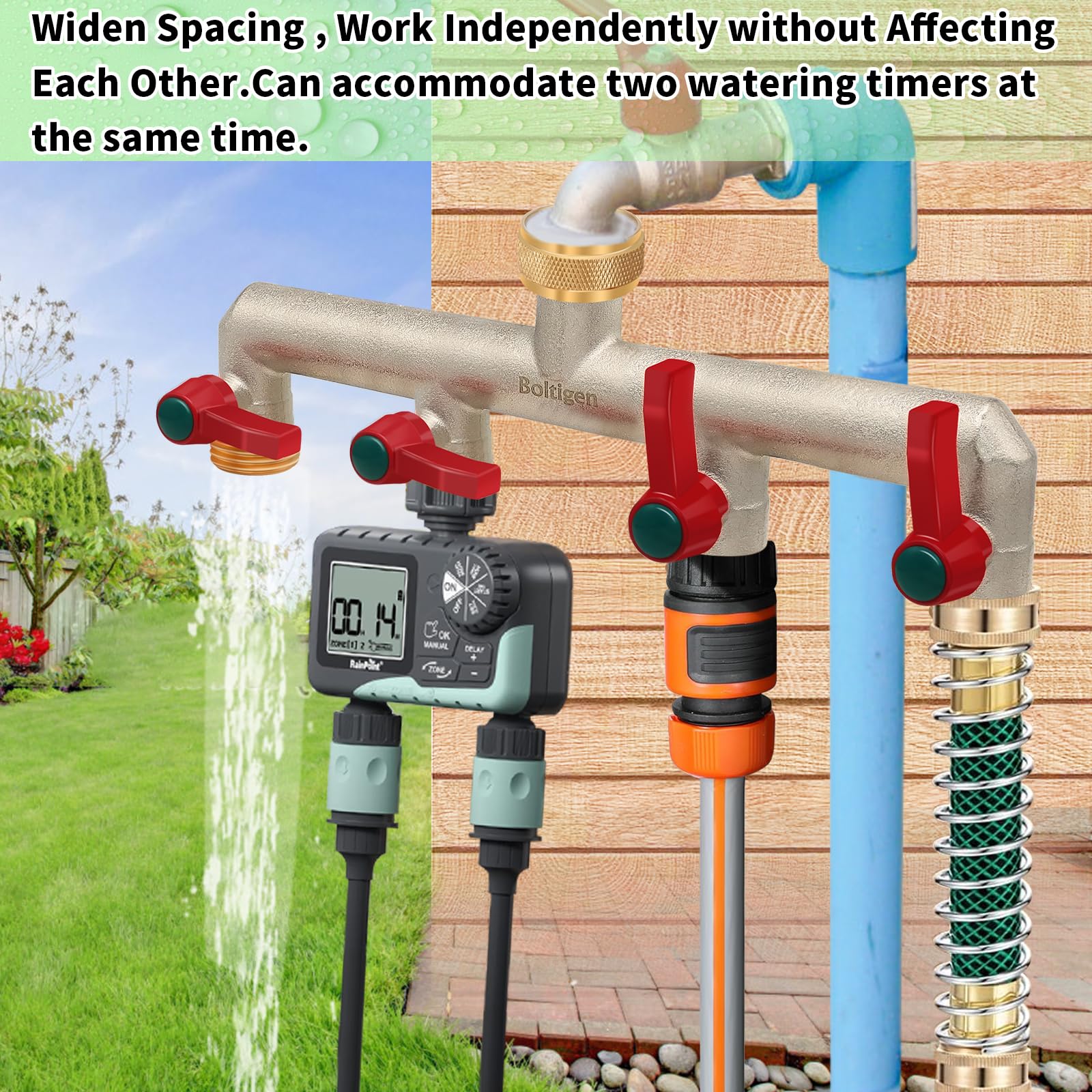 Boltigen 4-Way Brass Garden Hose Splitter with 4 On/Off Valves - 3/4