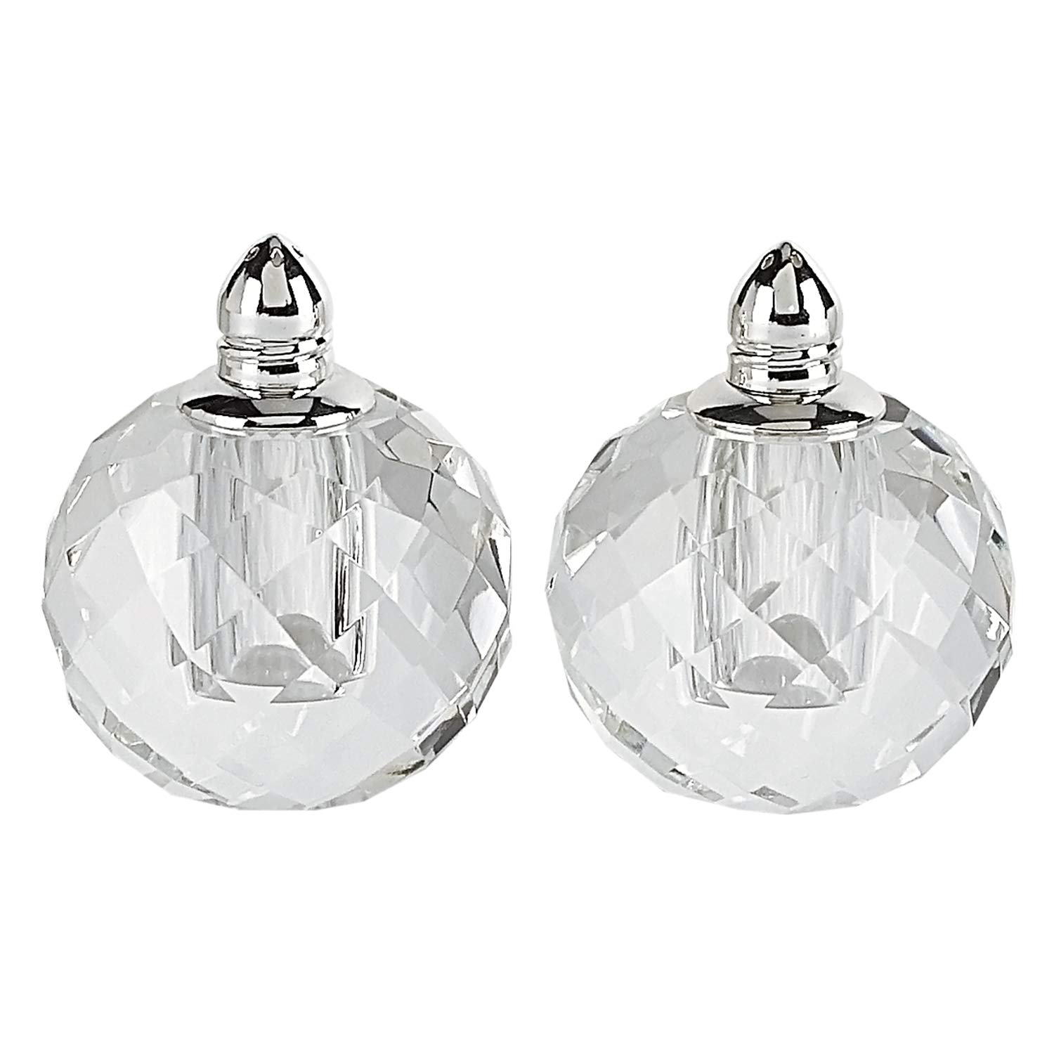 Handcrafted Optical Crystal and Silver Round Salt and Pepper Shakers Set - Elegant Dining Table Condiment Dispenser for Home, Restaurant, and Gift Giving