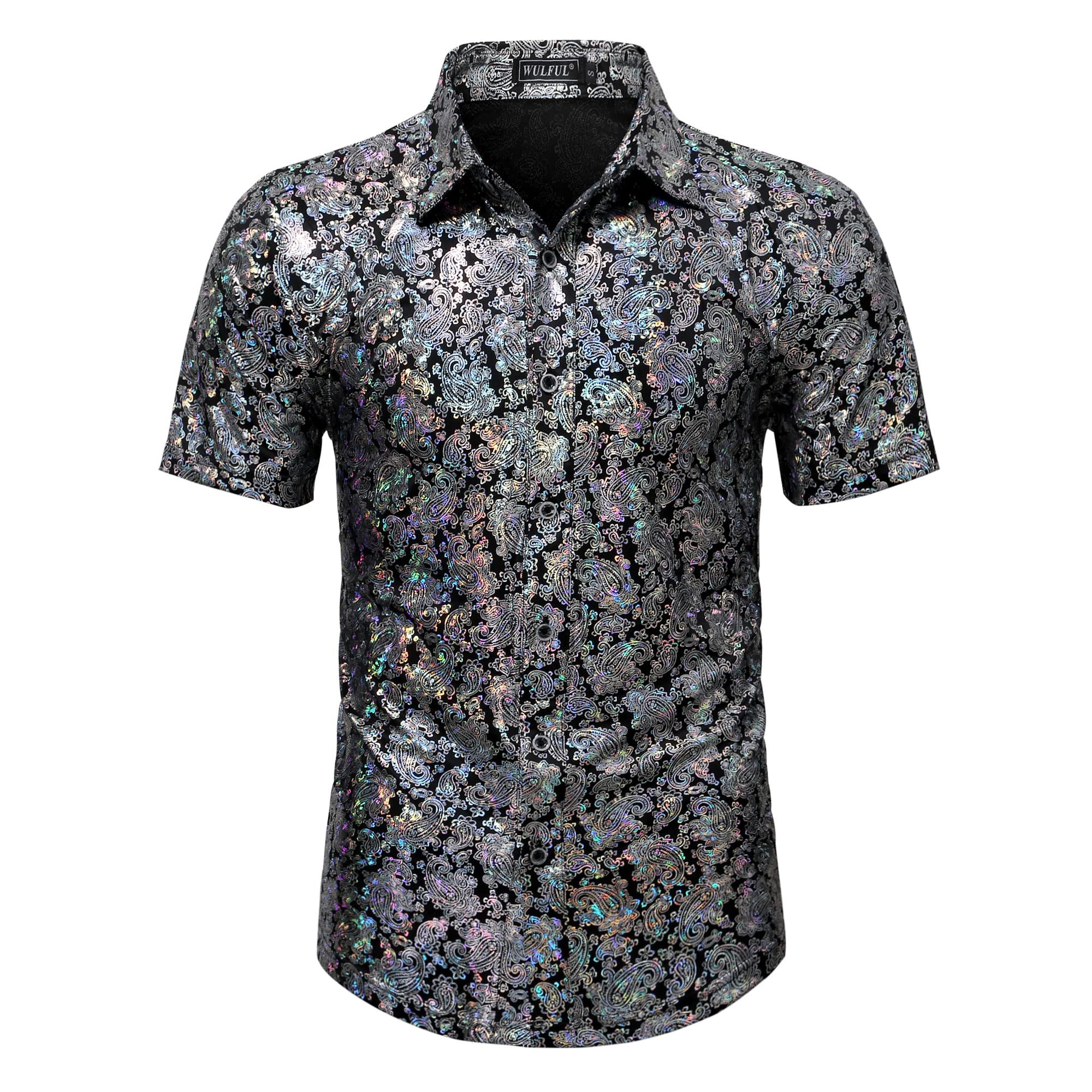 WULFUL Men's Disco Shirt with Sequins - 70s Style Short Sleeve Button Down Party Shirt for Costume, Nightclub, and Themed Events