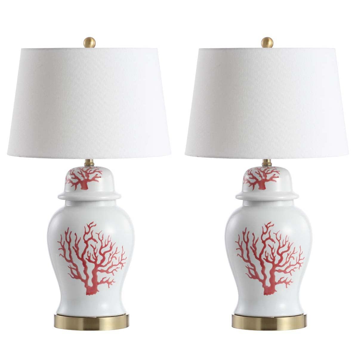 SAFAVIEH Lighting Collection Emory Coral Red/White 31-inch Table Lamp Set of 2 with LED Bulbs - Perfect for Bedroom, Living Room, Home Office & Nightstand Lighting