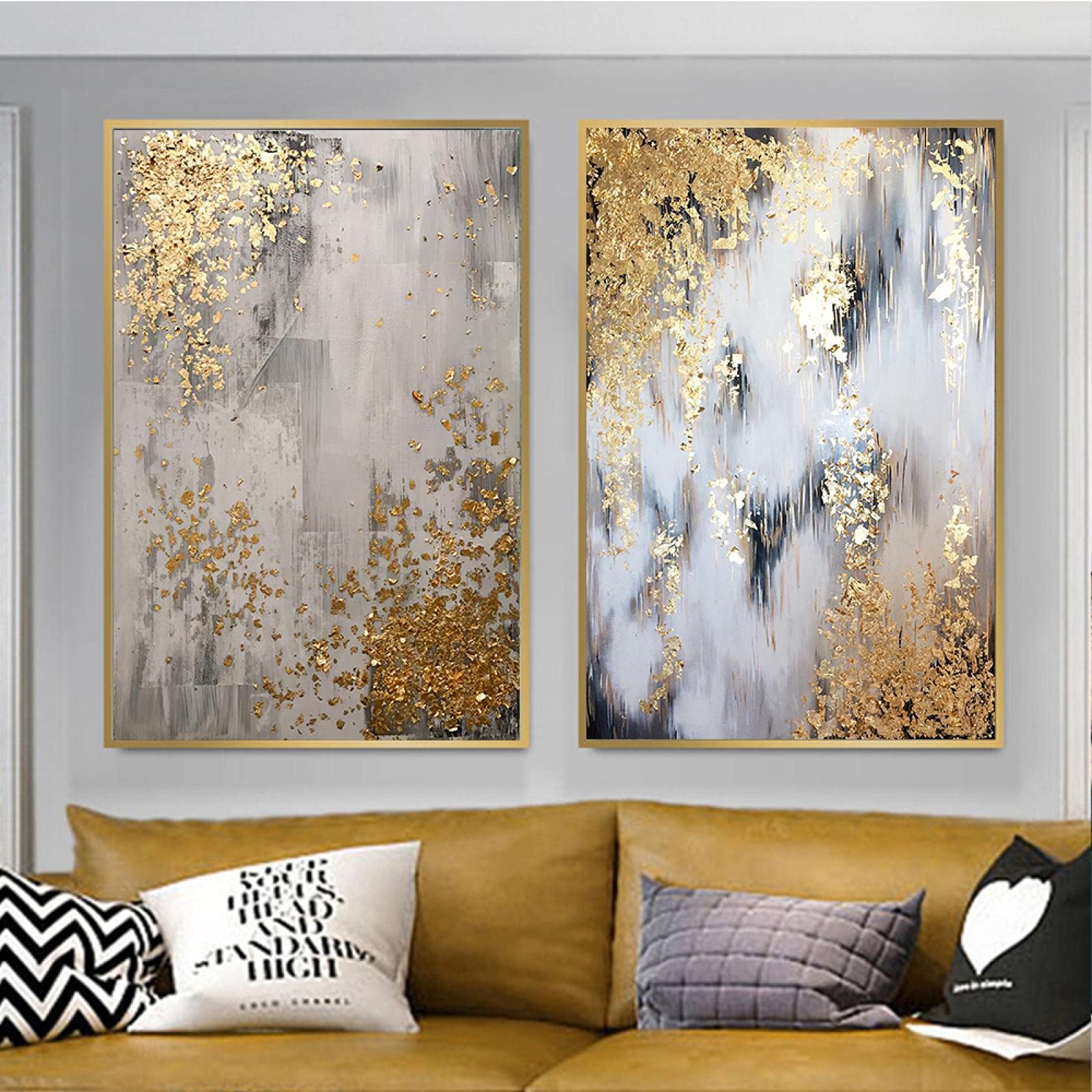 Golden Abstract Tree Wall Art Canvas Print - Gold Leaf Painting Poster for Living Room Decor - 20x30cm Set of 2 Frameless - Perfect for Modern Home & Office Wall Decoration