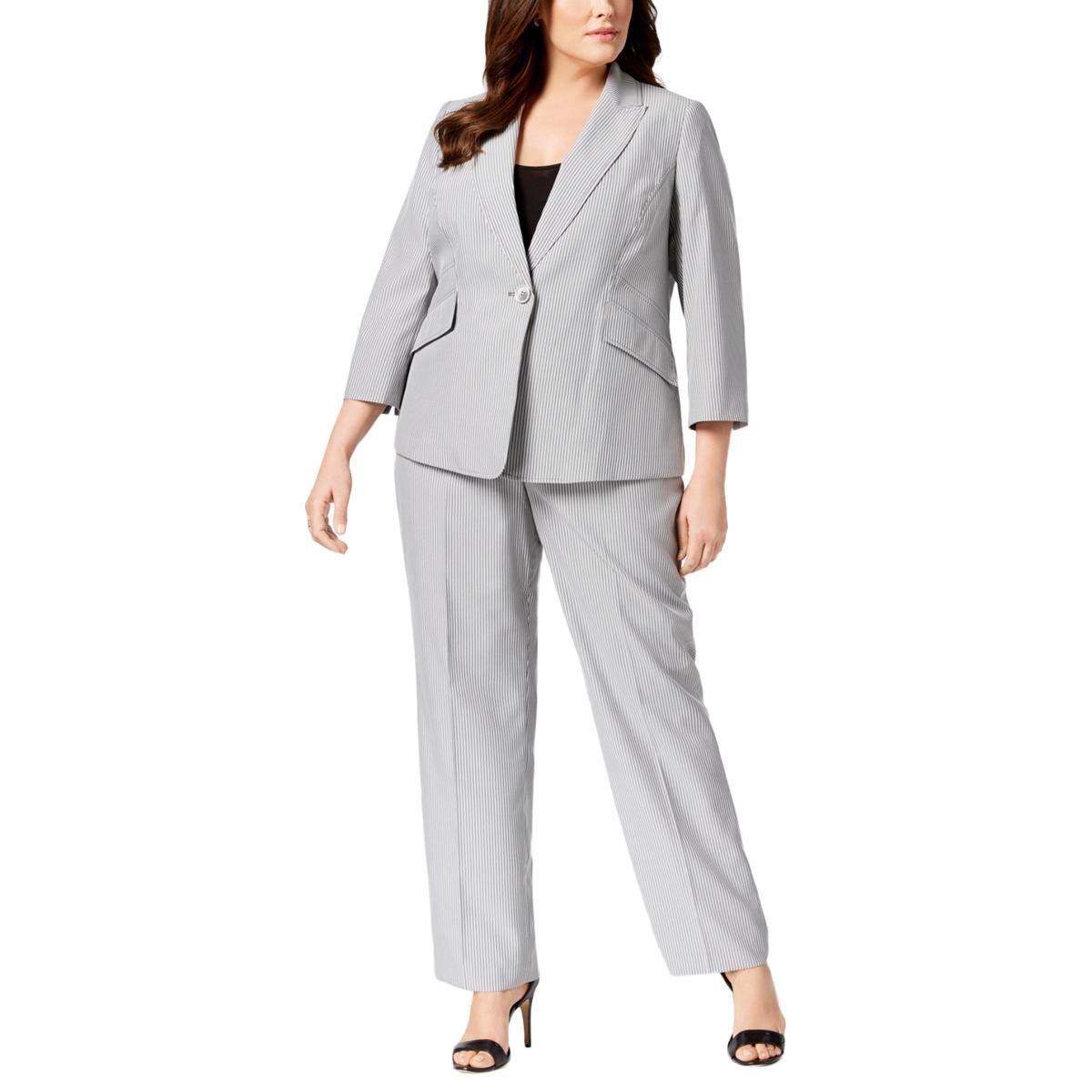 Le Suit Women's Plus Size Pinstripe 1 Button Notch Collar Pant Suit Set - Professional Office Wear & Business Attire for Women