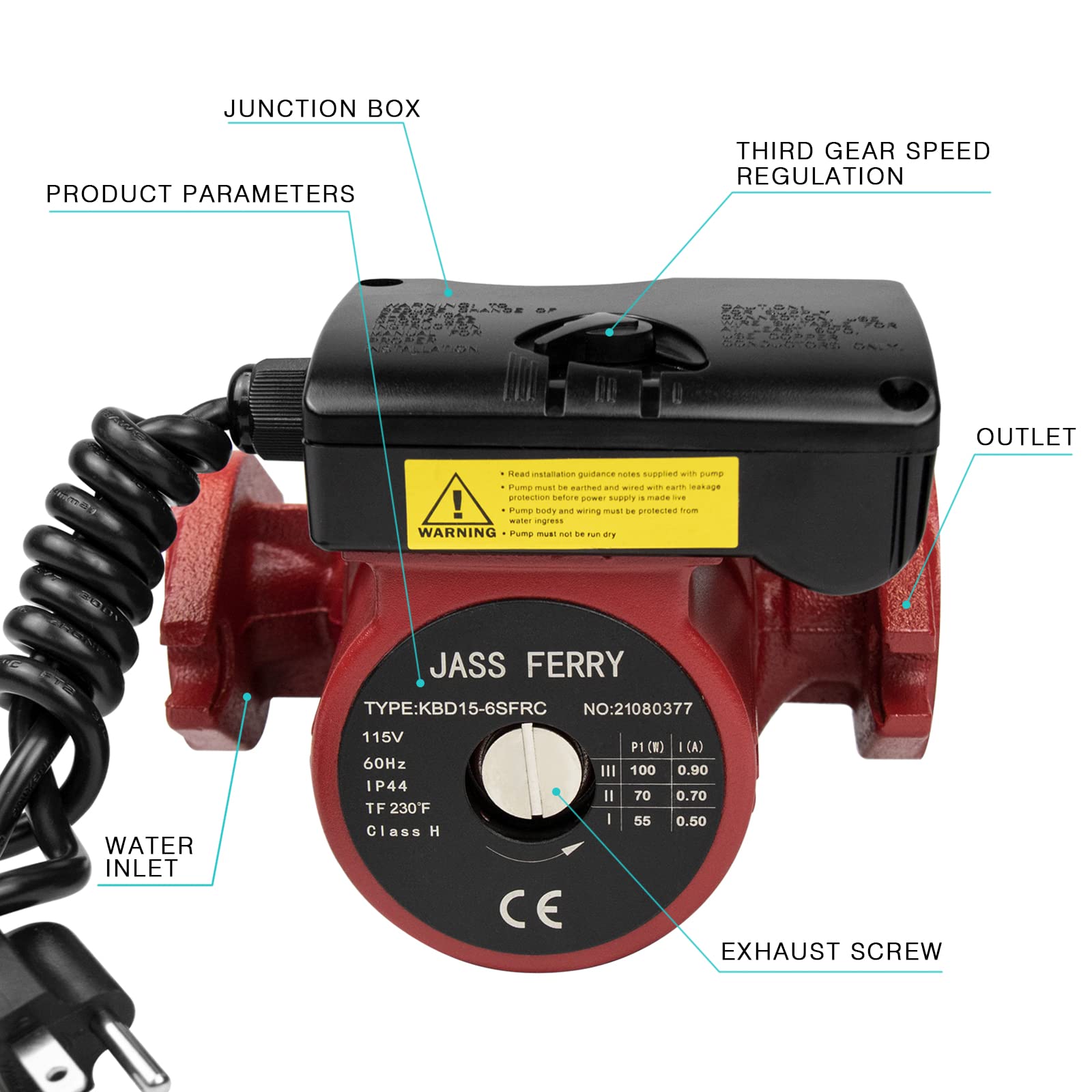JASSFERRY 1 Inch Hot Water Recirculating Pump - 1/8 HP Cast Iron Flange Circulator for Solar Heaters & Boilers | Energy Efficient Recirculation System for Instant Hot Water in Homes & Commercial Buildings
