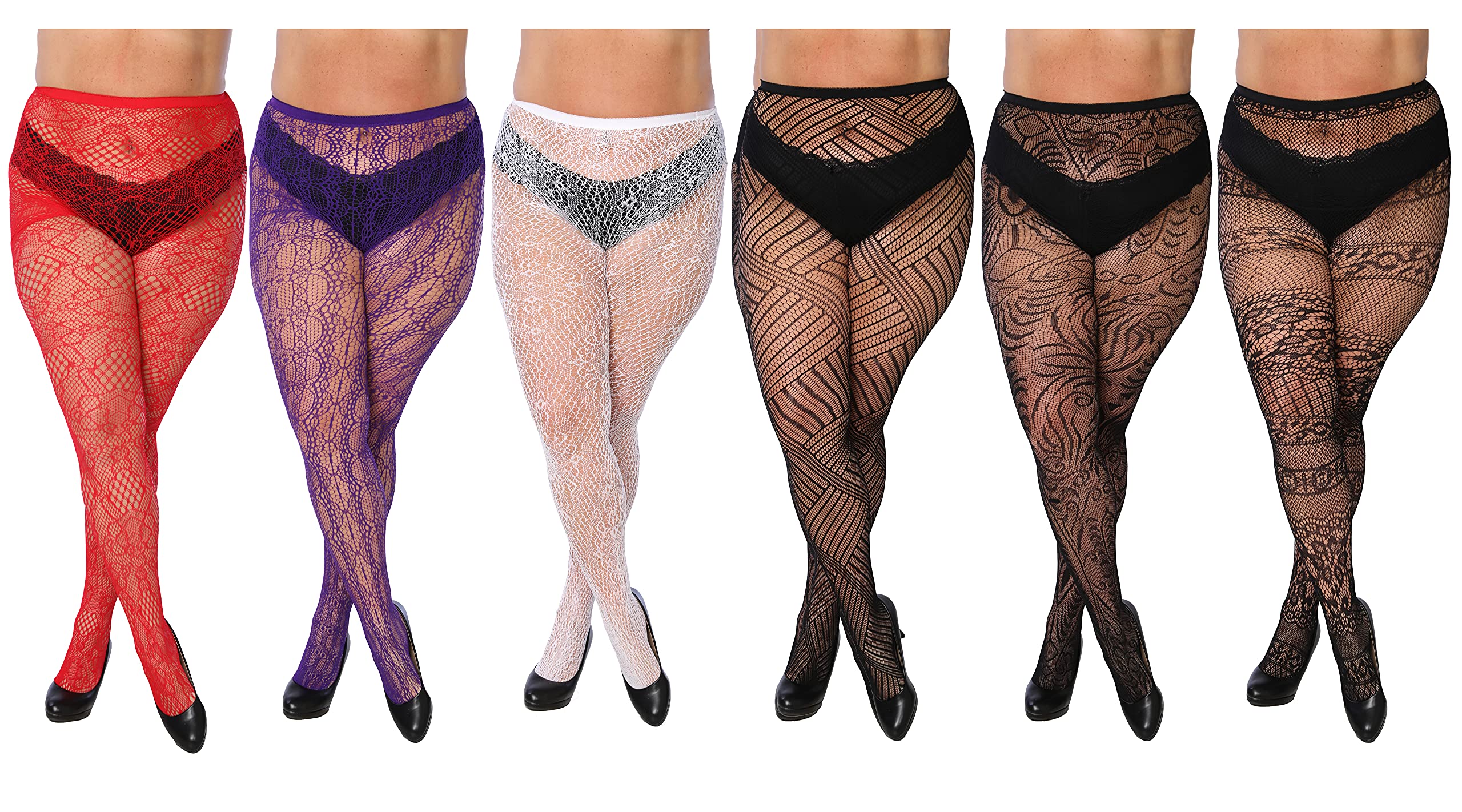 Frenchic Fishnet Women's Lace Stockings - Sexy Sheer Pantyhose for Regular & Plus Sizes (6-Pack) | Perfect for Halloween Costumes, Burlesque Shows & Date Night Outfits