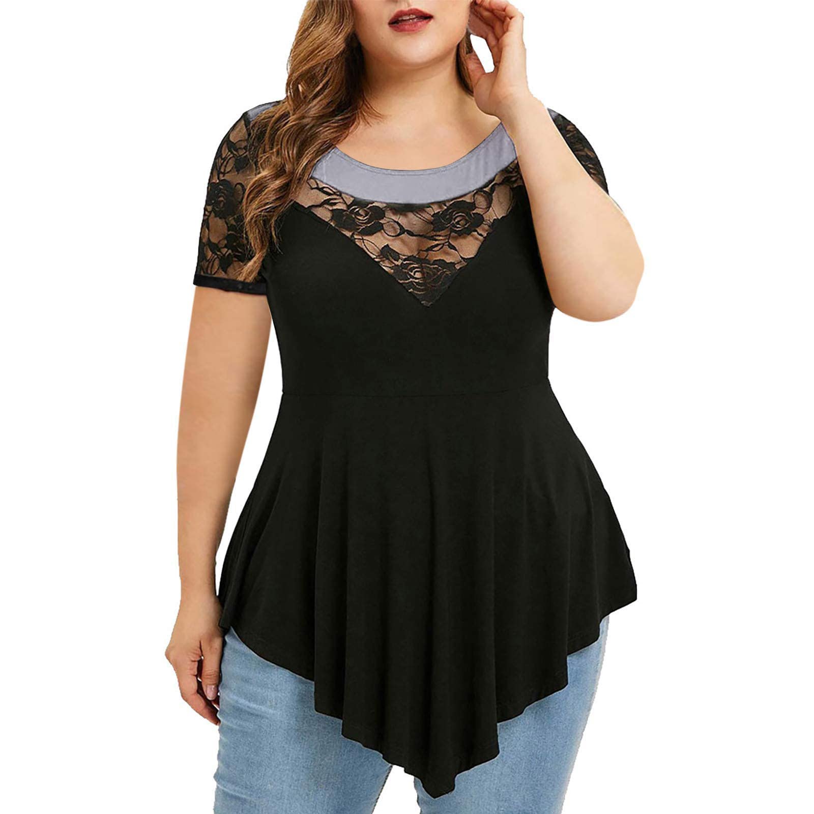 UOKNICE Women's Plus Size Summer Short Sleeve Lace T-Shirt - Boho Chic Casual Tunic Top for Women, Fashionable Blouse for Everyday Wear, Date Nights & Summer Outfits