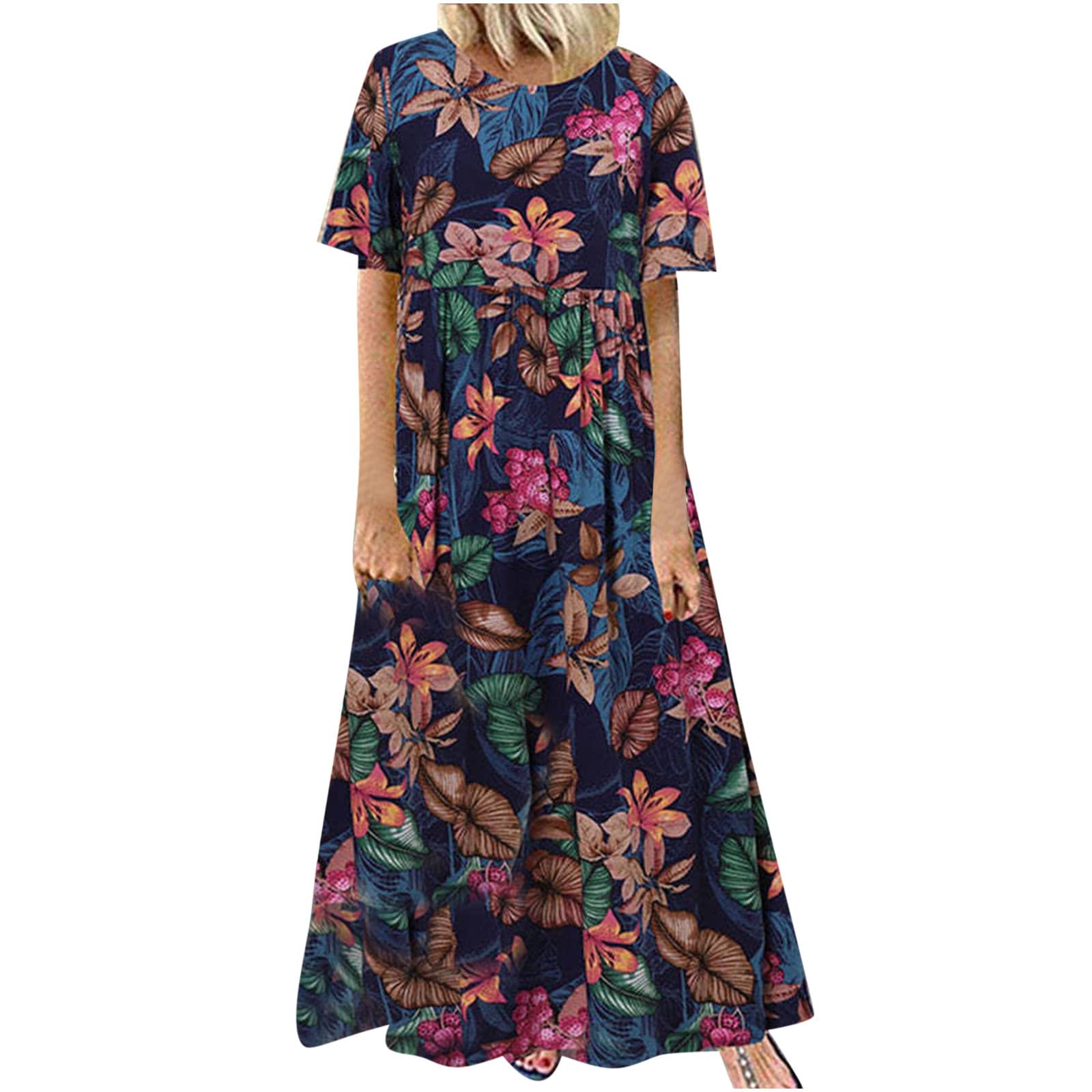 Women's Maxi Long Kaftan Dress - Short Sleeve Oversized Floral Summer Beach Dress with Pockets | Casual Loose Fit for Vacation, Poolside, and Boho Outfits
