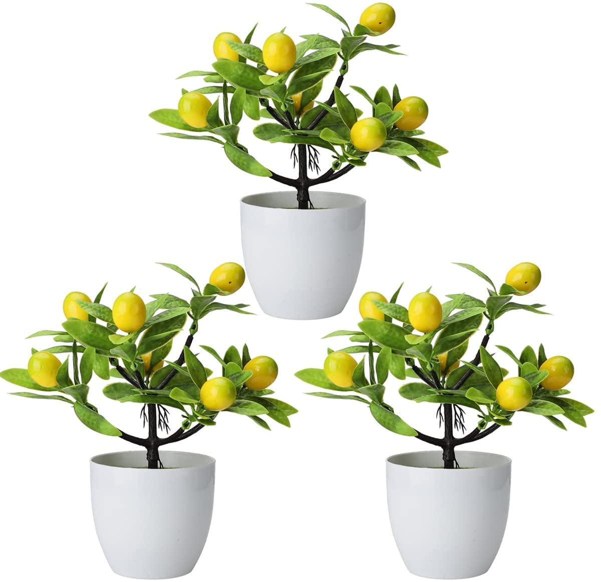 Artificial Mini Potted Plants - 9x7.78 Inch Fake Lemon Tree Bonsai with White Plastic Pot | Realistic Home & Office Decor for Desk, Table, Bathroom | Set of 3 Faux Greenery Plants for Indoor Decorating