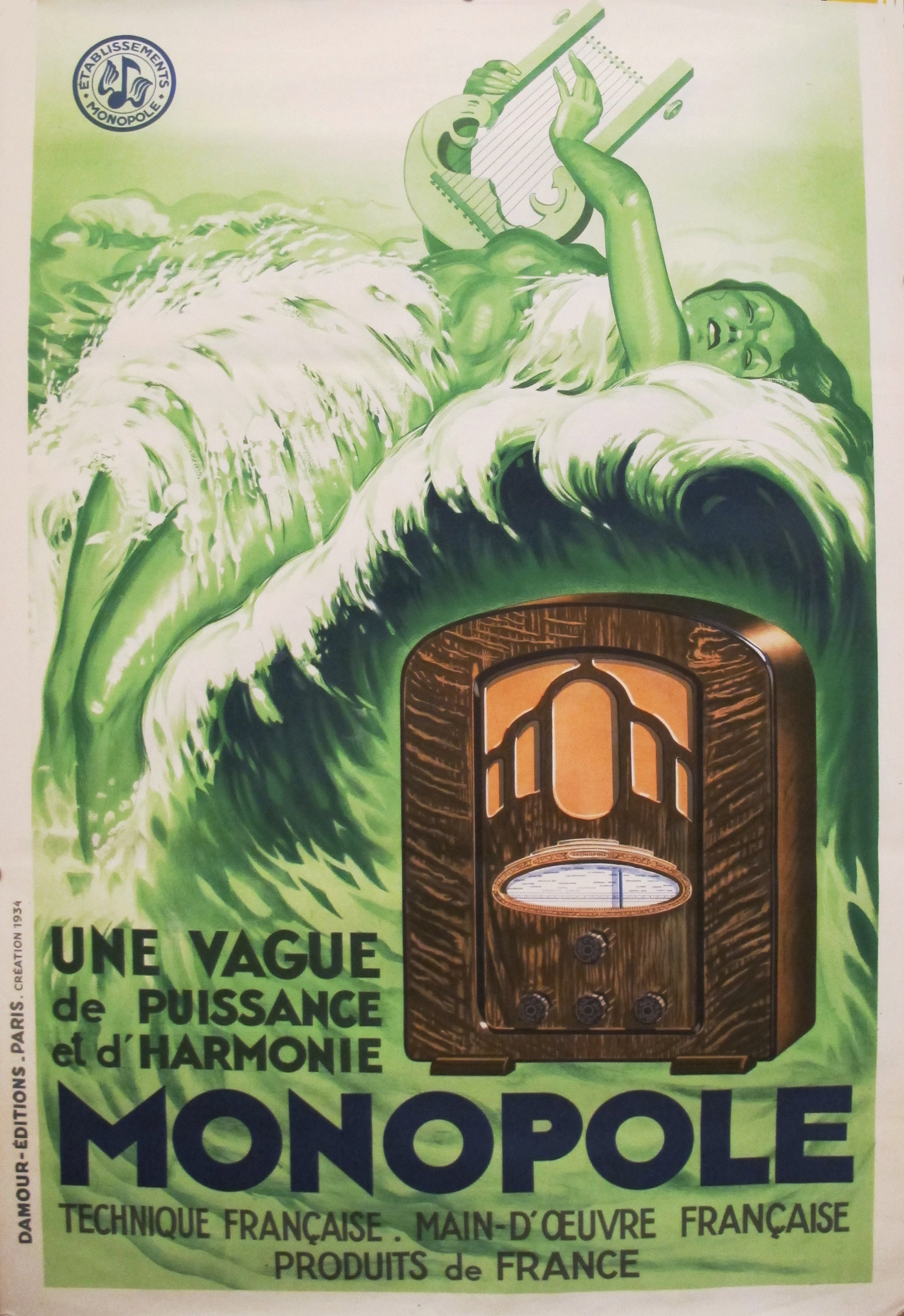 Vintage 1934 French Art Deco Radio Monopole Poster - Original Unframed Retro Wall Art for Home & Office Decor | Perfect for Living Room, Bedroom or Vintage-Themed Spaces