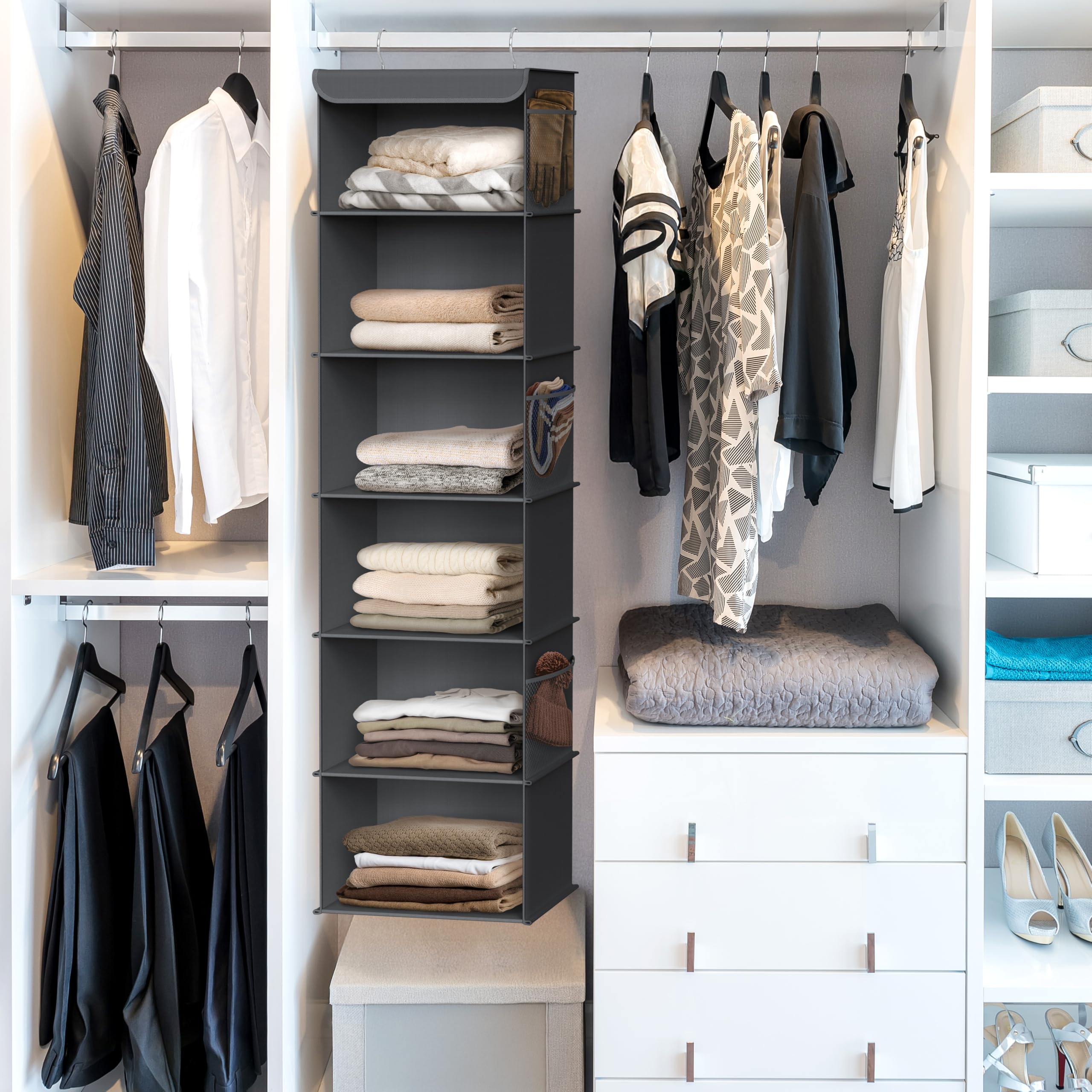 Simple Houseware 6-Shelf Hanging Closet Organizer for Bedroom & Bathroom - Space Saving Storage Solution, Dark Gray - Perfect for Organizing Clothes, Towels & Accessories