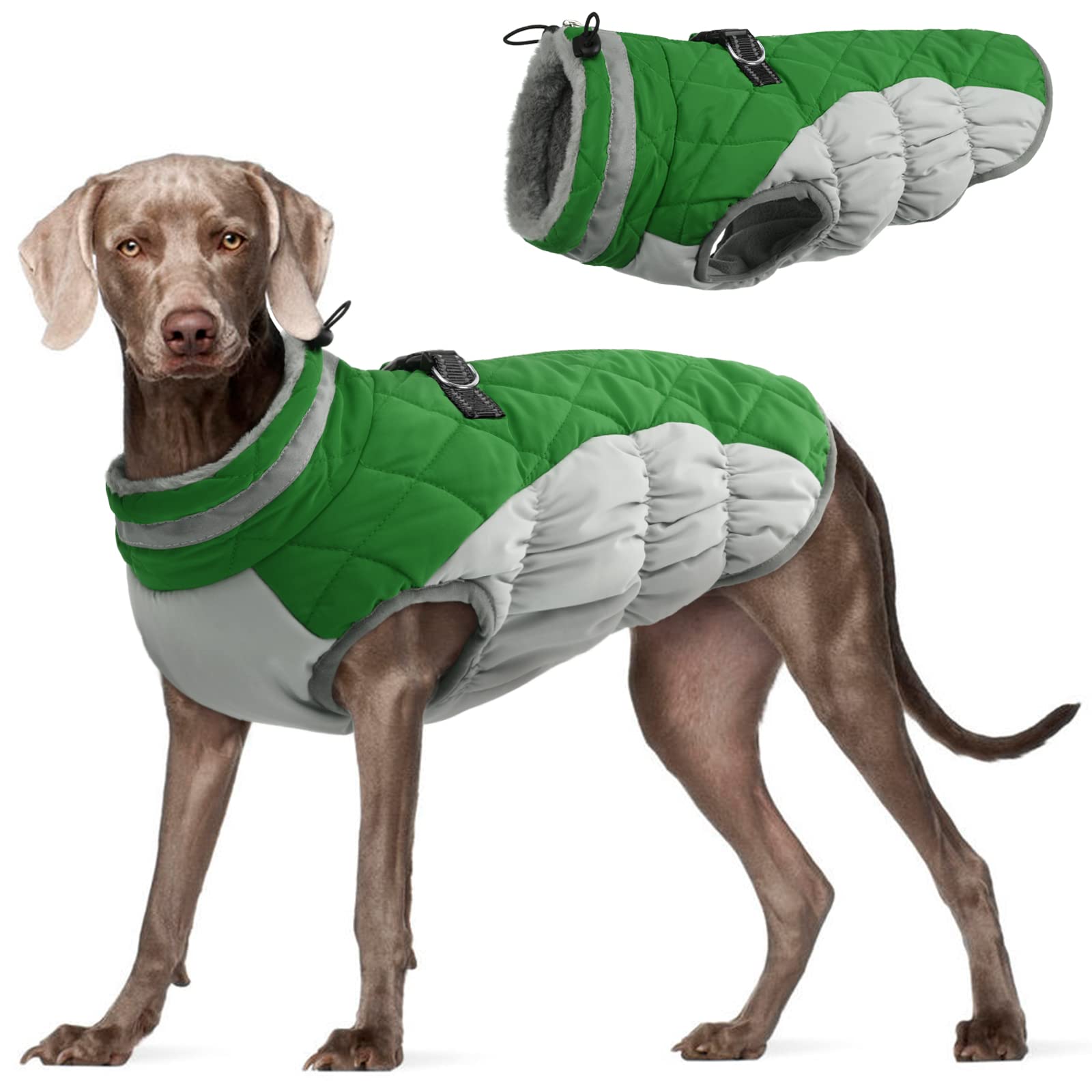 FUAMEY Waterproof Windproof Dog Winter Coat - Warm Fleece Vest with Reflective Strips & Built-in Harness | Cold Weather Snow Jacket for Large Dogs (Green, XL) | Perfect for Outdoor Walks, Hiking & Winter Adventures