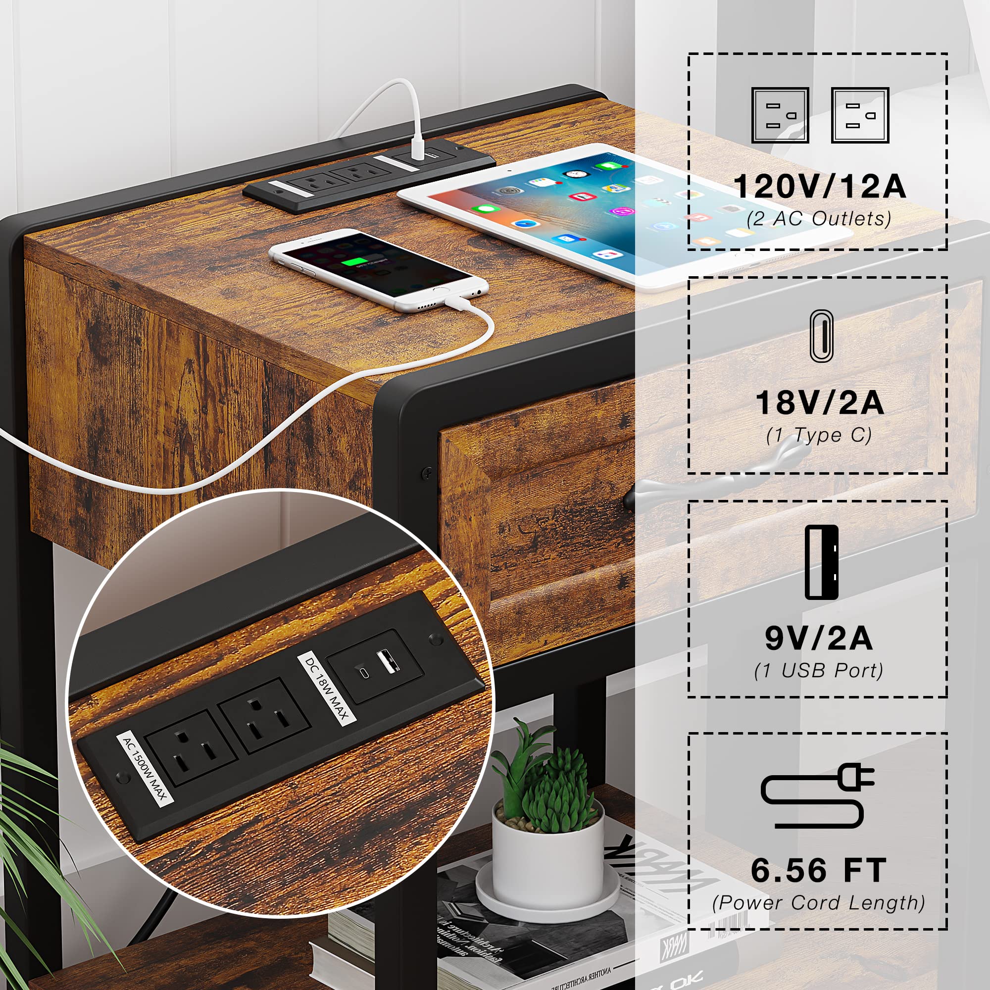 3-Piece Full Size Bedroom Set with Wood Headboard Platform Bed Frame, Ottoman Bench & 2 Nightstands with Charging Stations & Storage Drawers - Modern Bedroom Furniture for Small Spaces & Guest Rooms