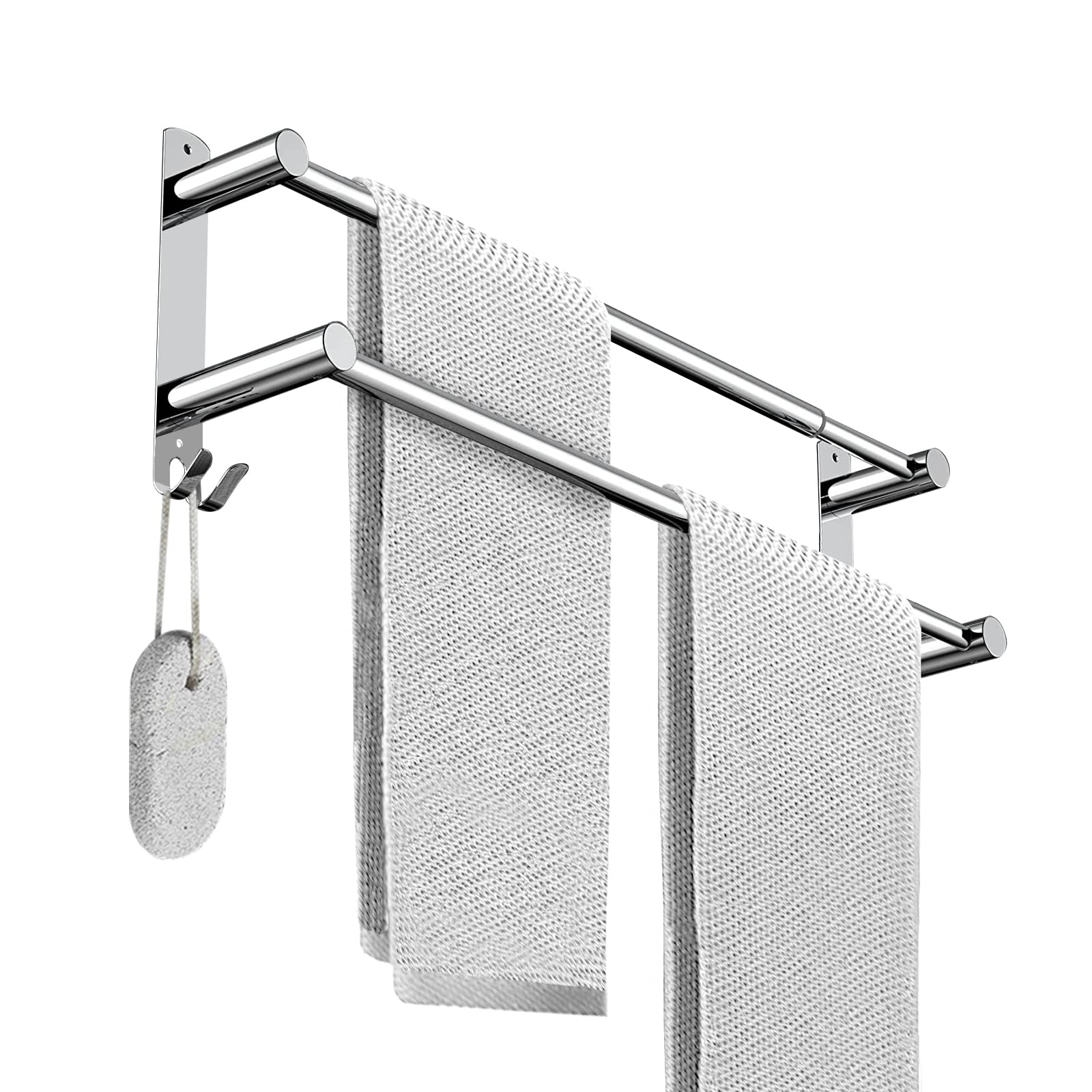 BIGLUFU 17-31 Inch Adjustable Double Towel Bar - Stainless Steel Wall Mounted No Drill Bathroom & Kitchen Towel Rack - Space Saving 2-Bar Design for Hand Towels, Dish Cloths & Hooks - Perfect for Small Bathrooms, Apartments & RVs (Silver)