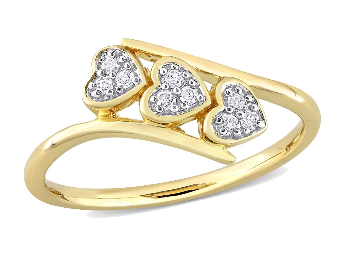 1/10 Carat (CTW) Diamond Triple Heart Bypass Promise Ring in Yellow Plated Silver - Romantic Gift for Anniversary, Engagement & Valentine's Day