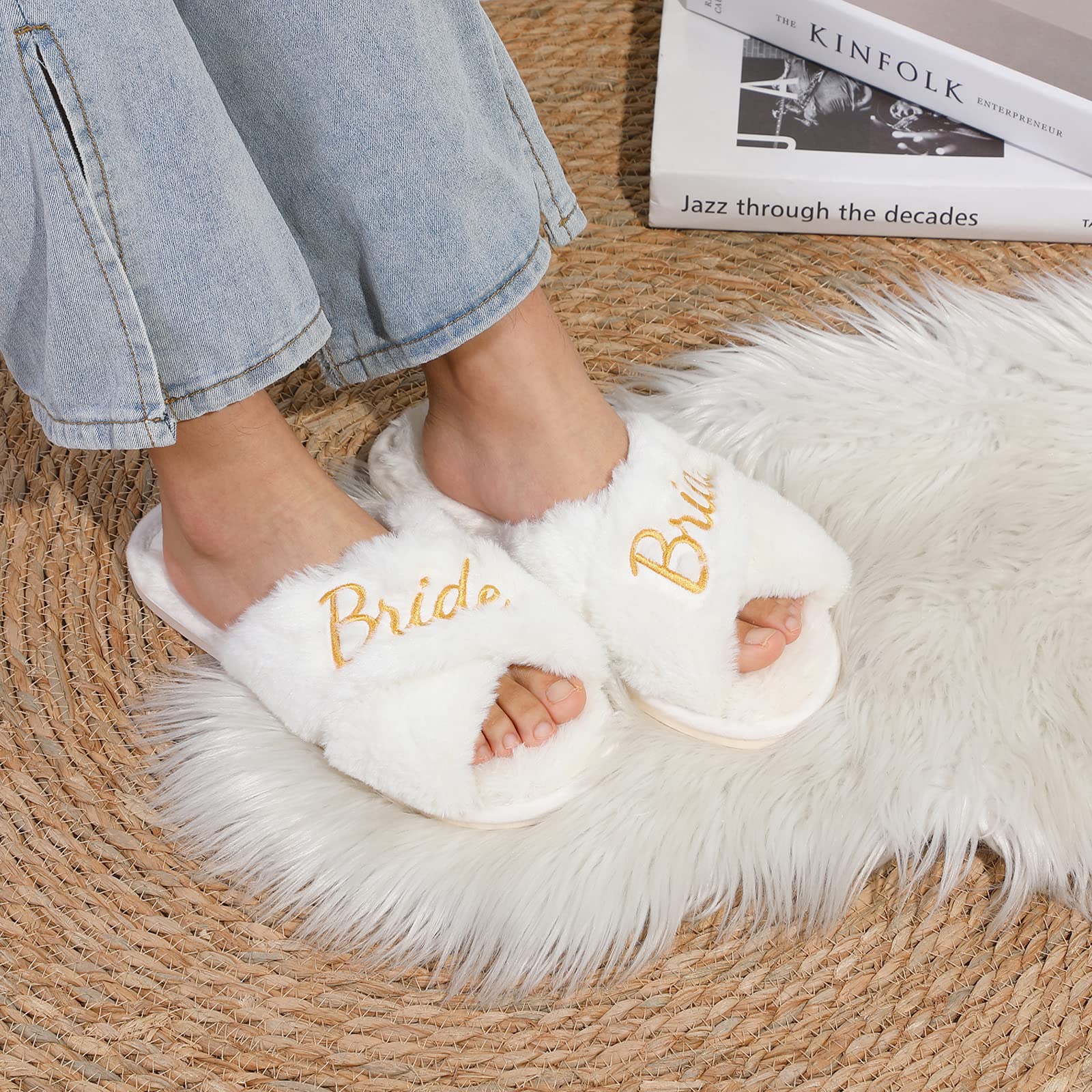 White Fuzzy Bridal Slippers for Wedding Day - Soft Plush Bride Slippers for Bachelorette Party, Bridal Shower Gift - Perfect for Getting Ready Photos & Wedding Morning Comfort