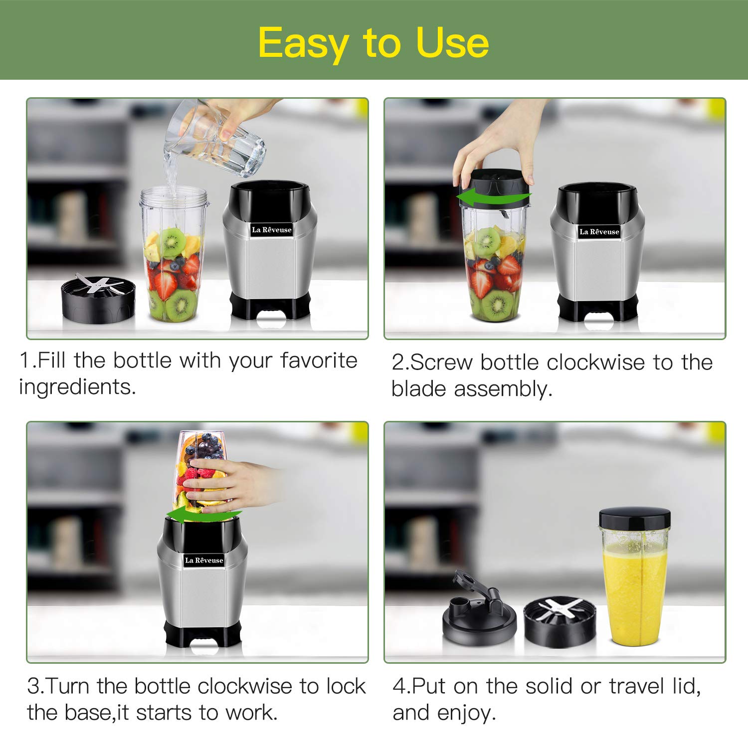 La Reveuse 600W Personal Smoothie Blender with 20oz BPA-Free Travel Bottle - Dishwasher Safe, Portable Blender for Shakes, Smoothies & Protein Drinks - Perfect for Gym, Office & On-The-Go Lifestyle