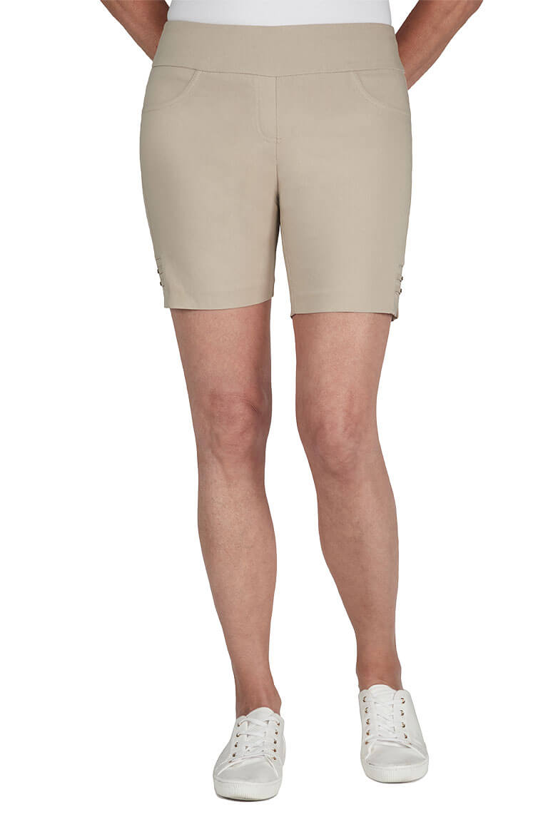 Stylish Pull On Studded Lattice Hem Shorts for Women - Trendy Fashion Shorts with Metal Studs & Lace Trim - Perfect for Summer Outfits, Beach Vacations & Casual Wear